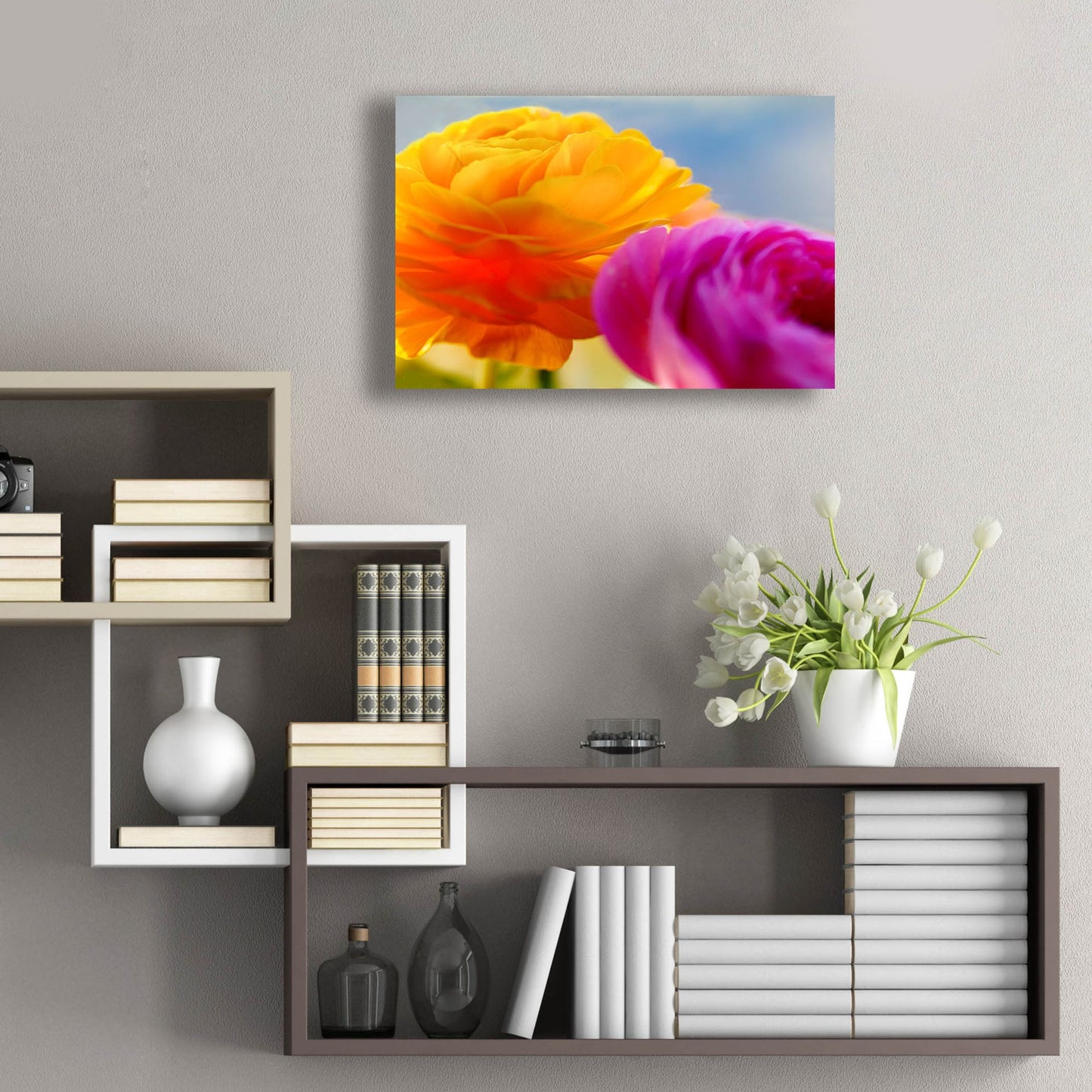 Epic Art 'Ranunculus In Orange And Pink' by Pamela Plummer, Acrylic Glass Wall Art,24x16