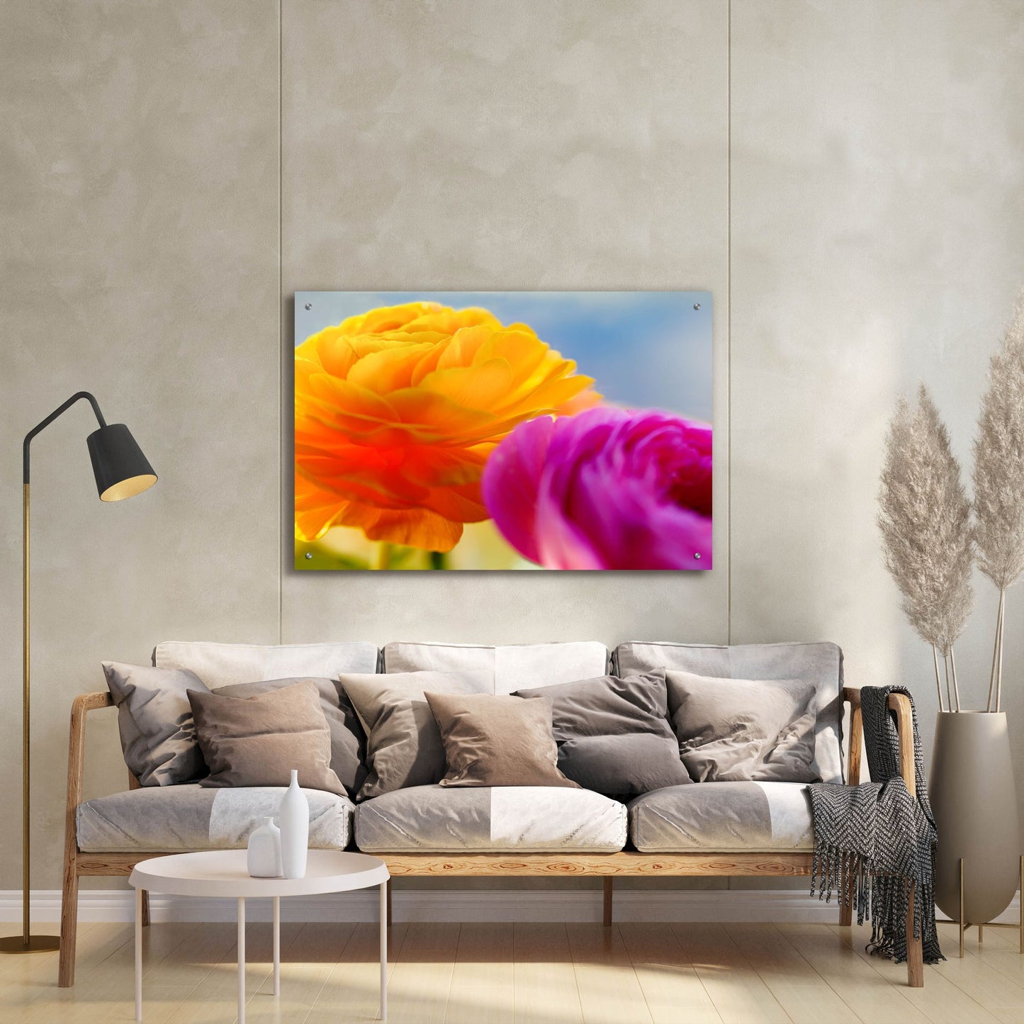 Epic Art 'Ranunculus In Orange And Pink' by Pamela Plummer, Acrylic Glass Wall Art,36x24