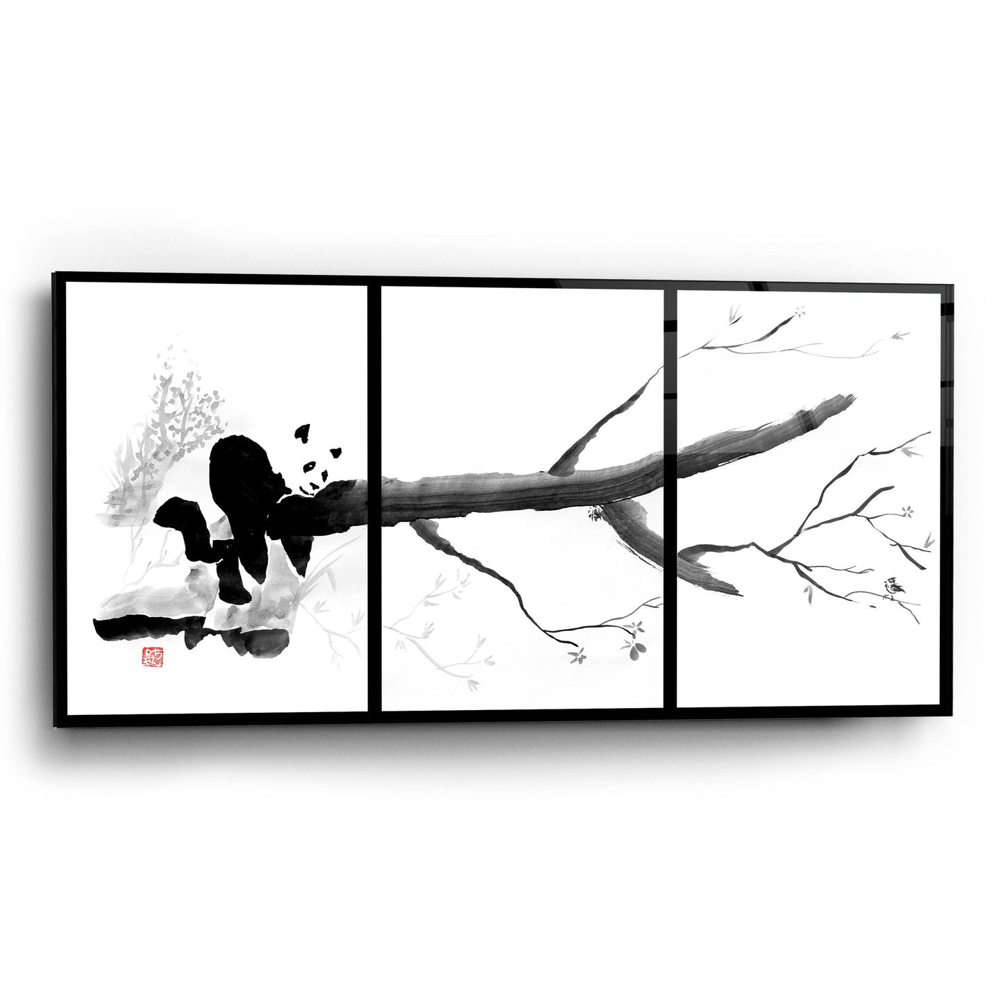 Epic Art 'Panda Tryptique' by Pechane, Acrylic Glass Wall Art,24x12