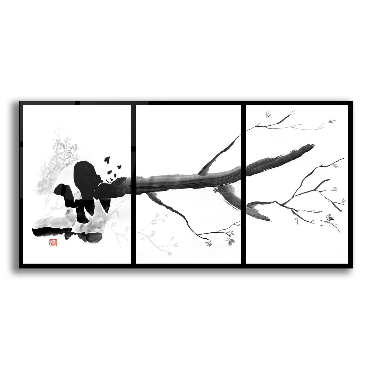 Epic Art 'Panda Tryptique' by Pechane, Acrylic Glass Wall Art,24x12