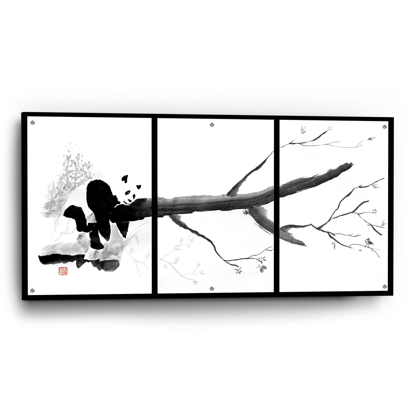 Epic Art 'Panda Tryptique' by Pechane, Acrylic Glass Wall Art,48x24