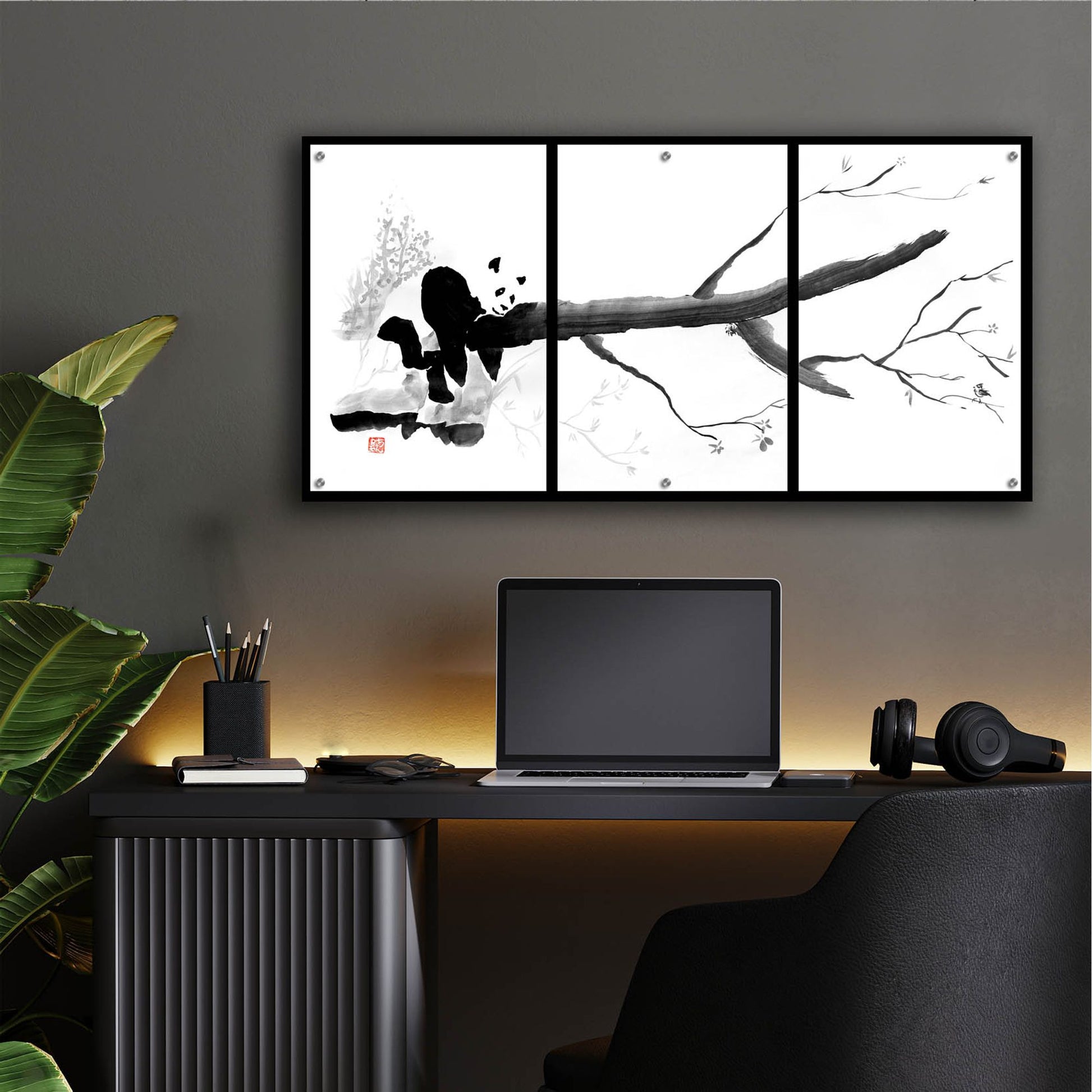 Epic Art 'Panda Tryptique' by Pechane, Acrylic Glass Wall Art,48x24