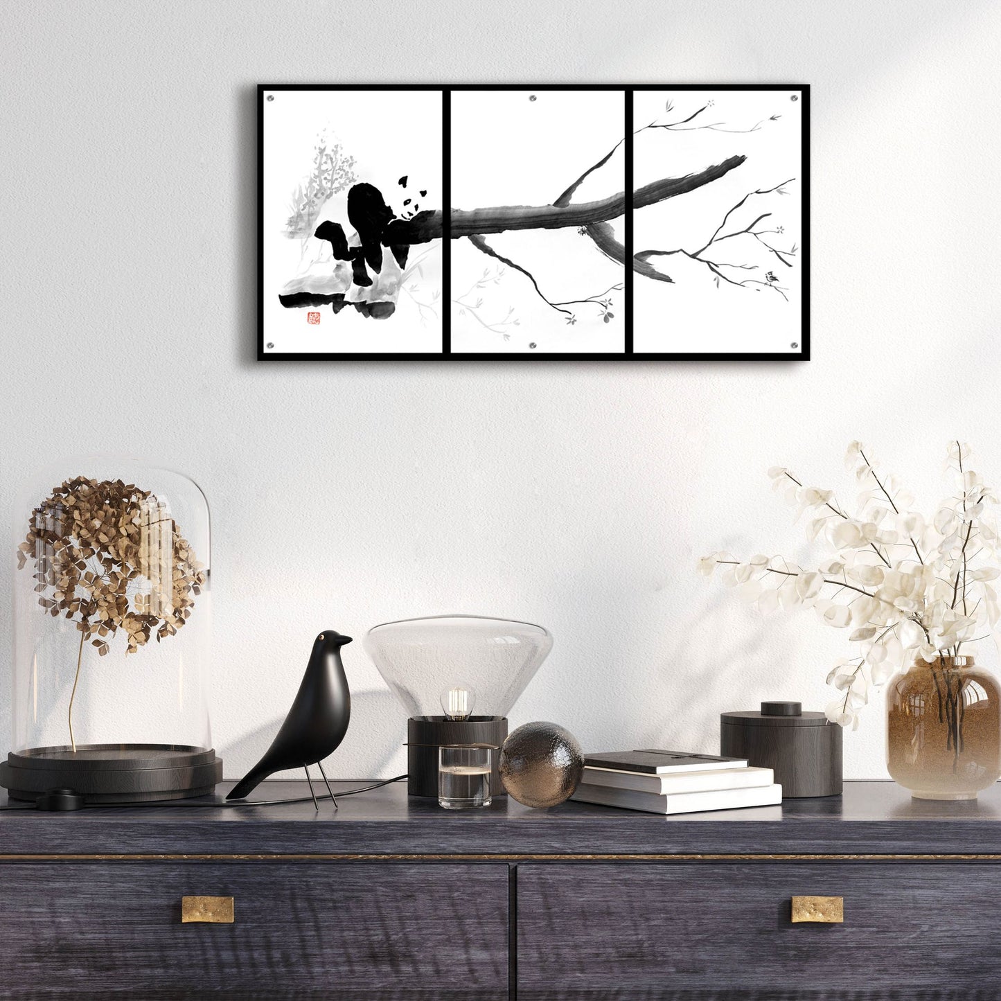 Epic Art 'Panda Tryptique' by Pechane, Acrylic Glass Wall Art,48x24