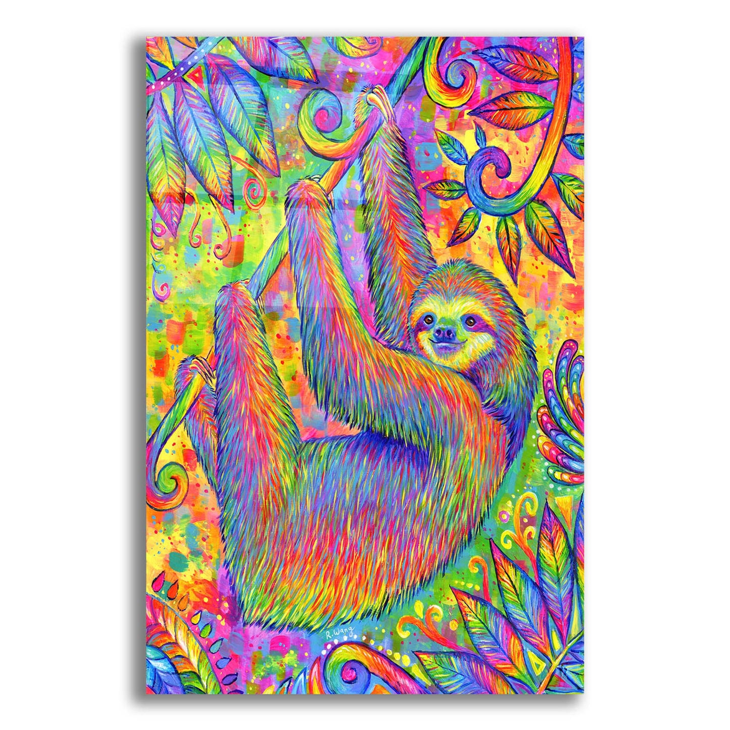 Epic Art 'Hanging Around Psychedelic Sloth' by Rebecca Wang Art, Acrylic Glass Wall Art