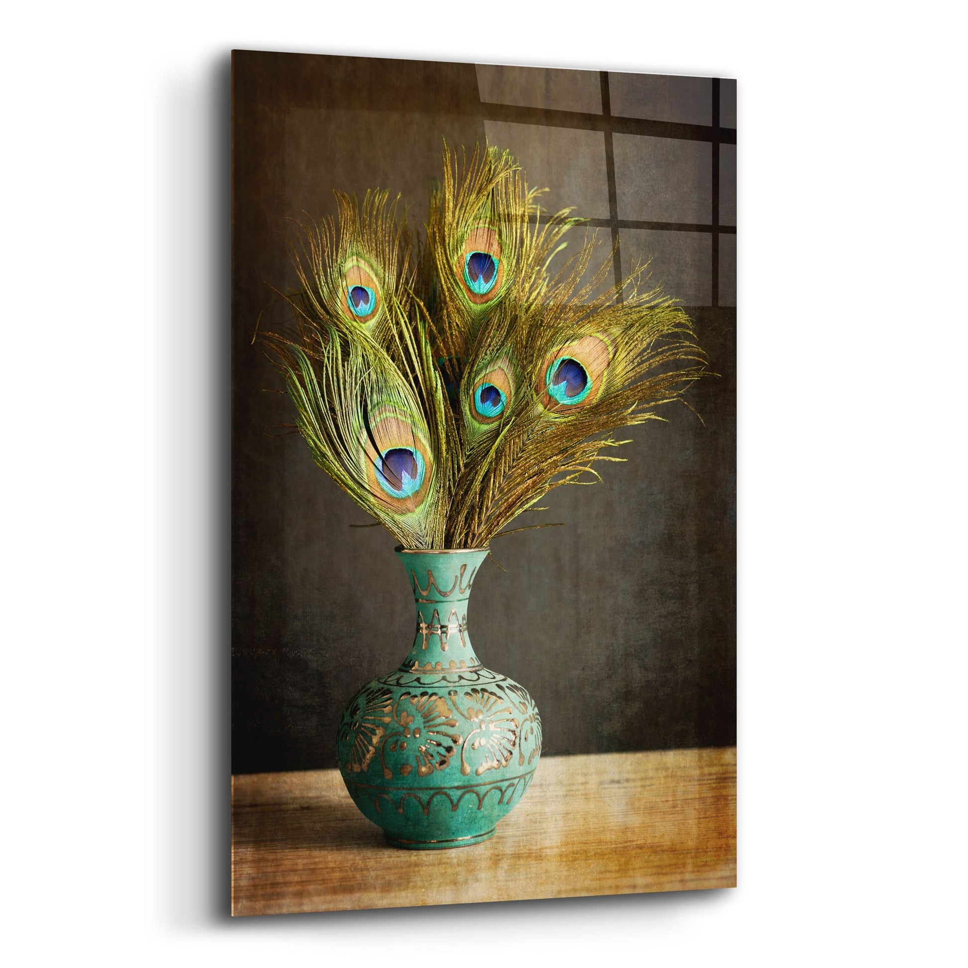 Epic Art 'Peacock Feathers in Blue Vase' by Tom Quartermaine, Acrylic Glass Wall Art,12x16