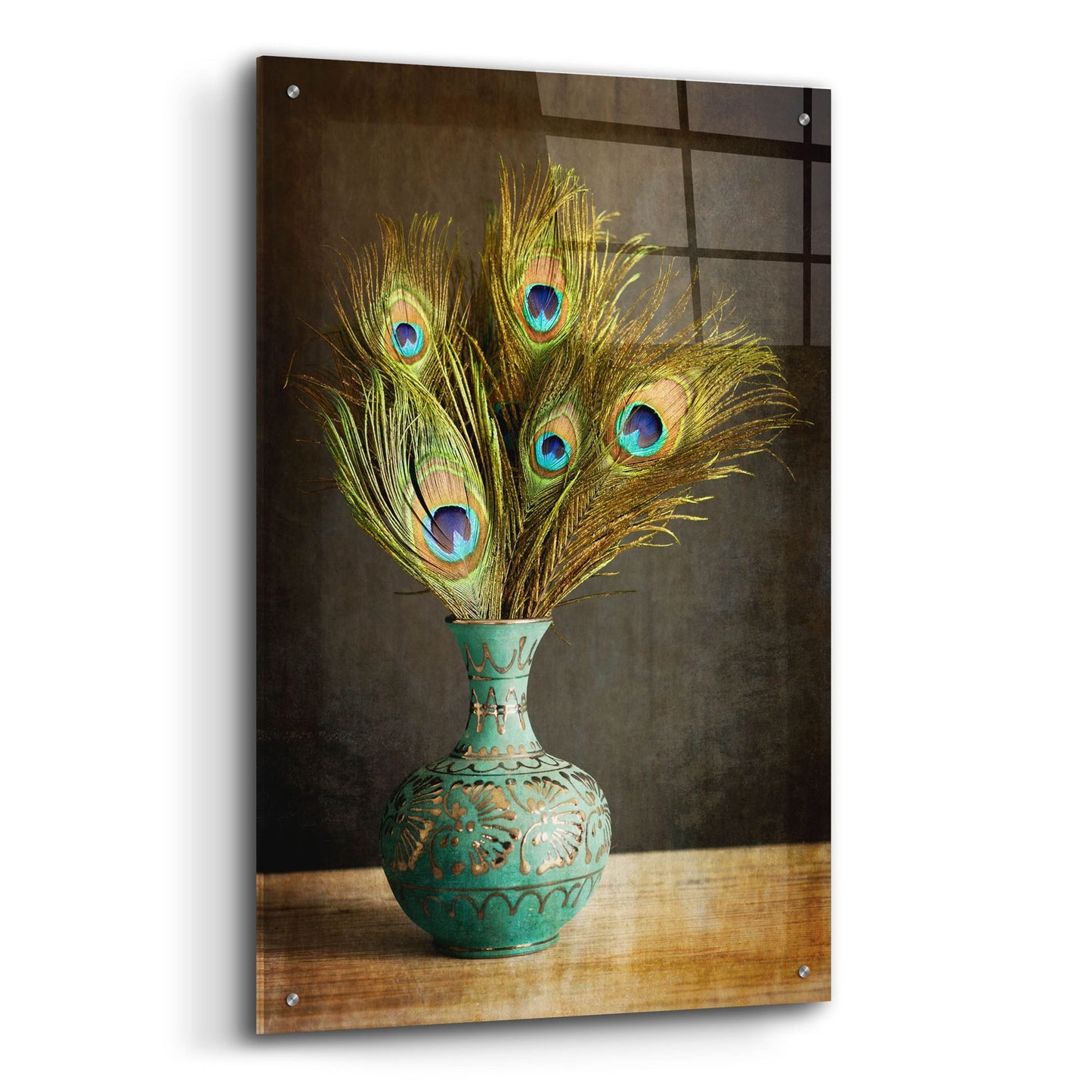 Epic Art 'Peacock Feathers in Blue Vase' by Tom Quartermaine, Acrylic Glass Wall Art,24x36