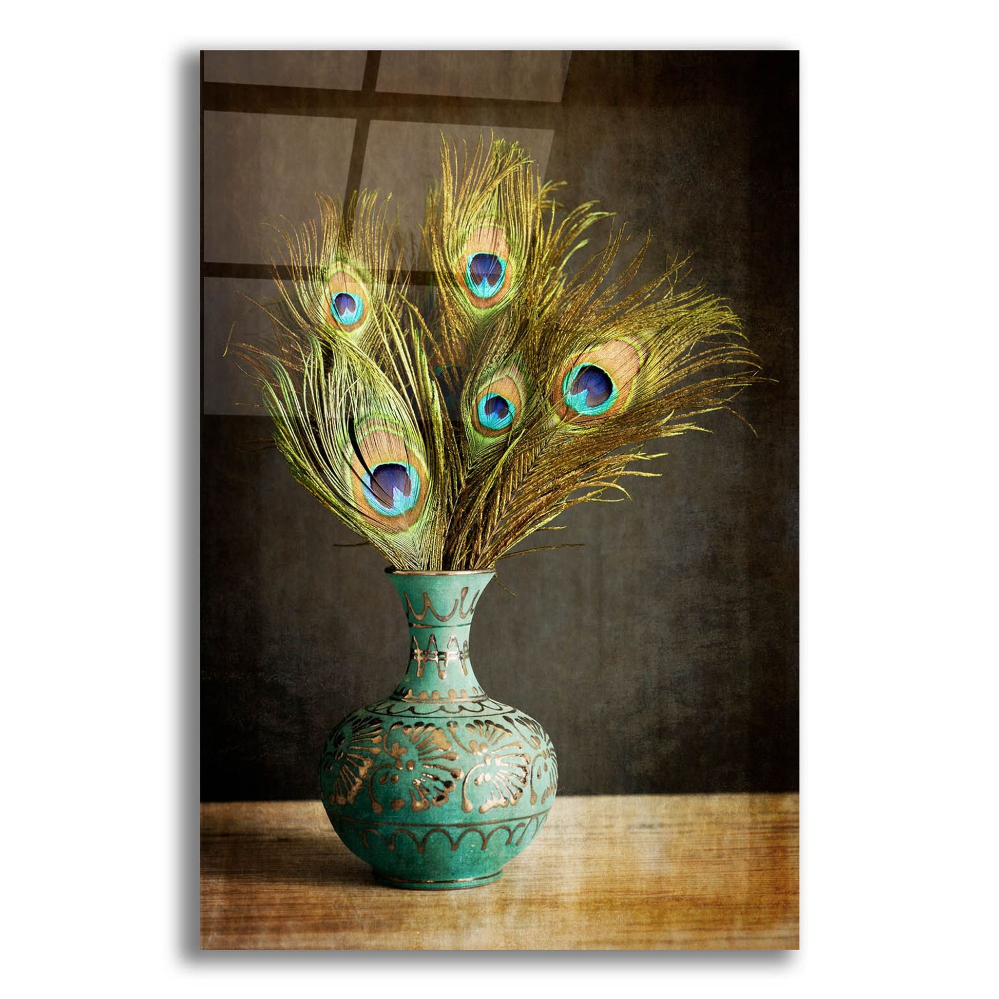 Epic Art 'Peacock Feathers in Blue Vase' by Tom Quartermaine, Acrylic Glass Wall Art