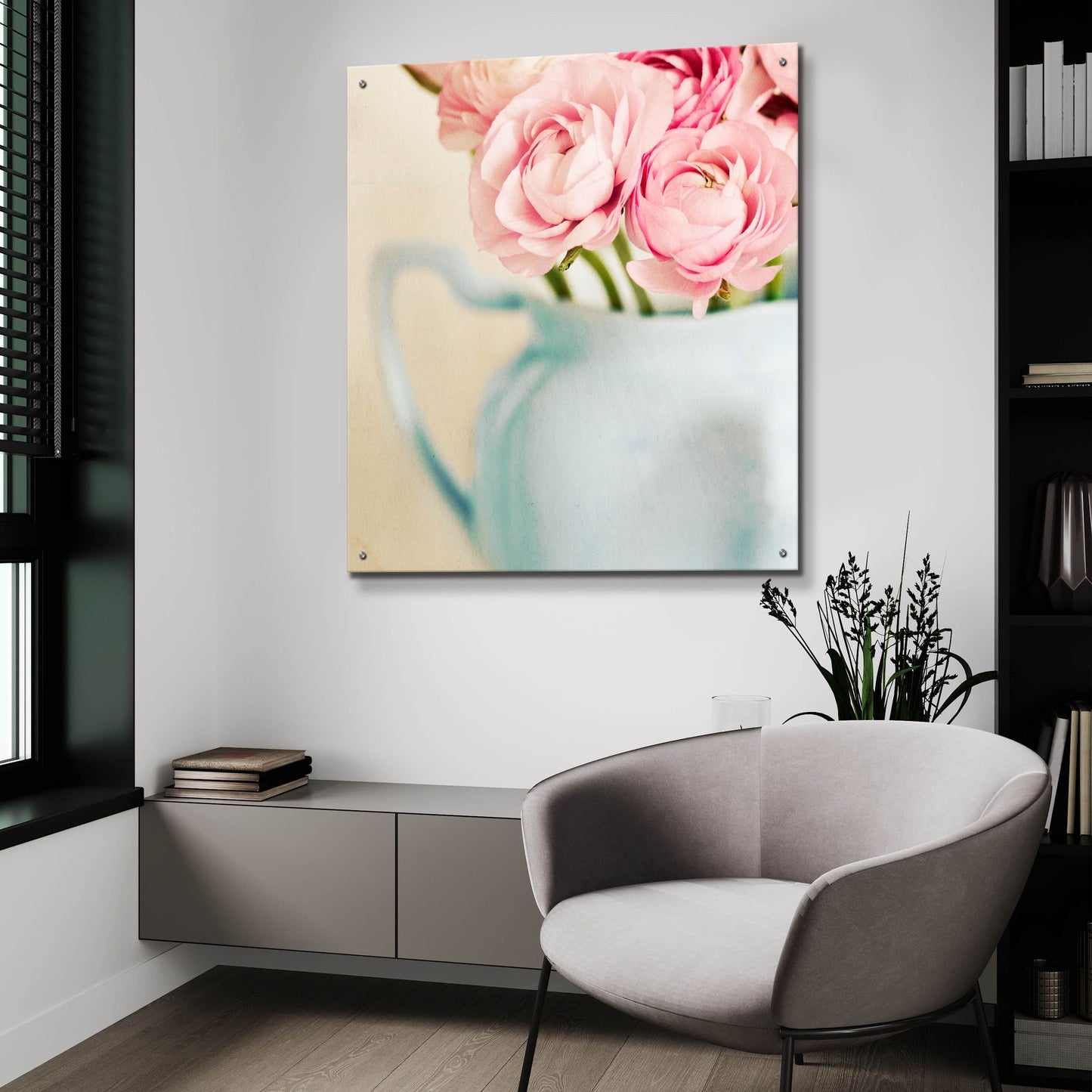 Epic Art 'Pink Flowers in Blue Jug' by Tom Quartermaine, Acrylic Glass Wall Art,36x36