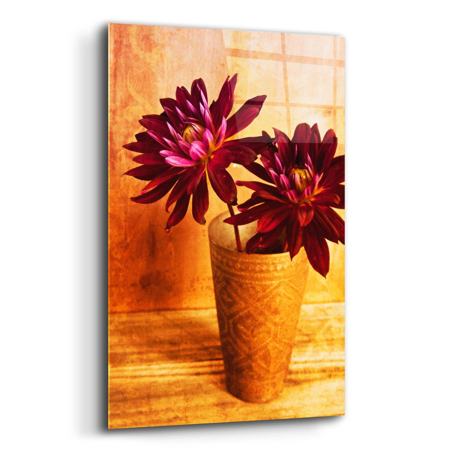 Epic Art 'Red Dahlias in a Copper Vase' by Tom Quartermaine, Acrylic Glass Wall Art,12x16