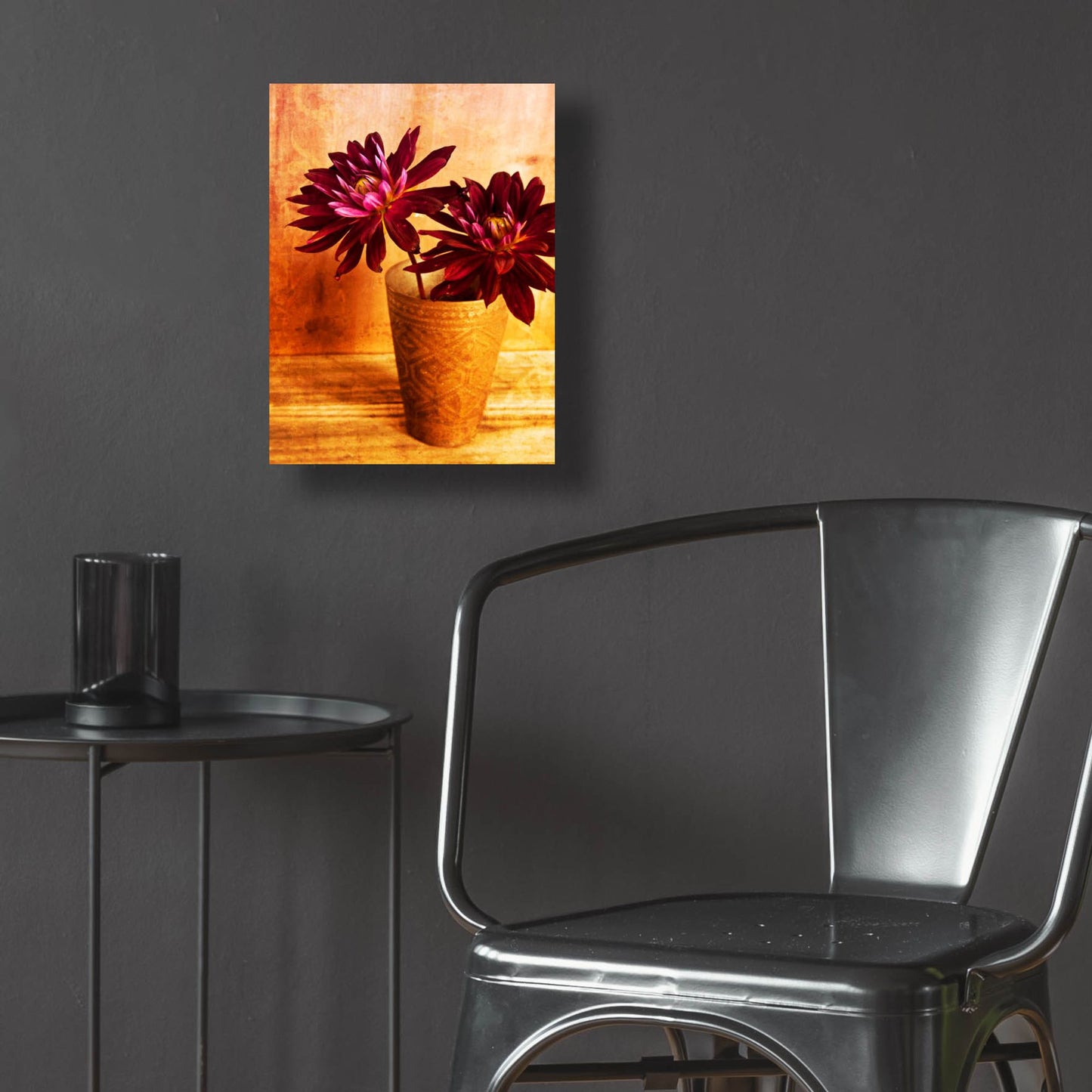 Epic Art 'Red Dahlias in a Copper Vase' by Tom Quartermaine, Acrylic Glass Wall Art,12x16