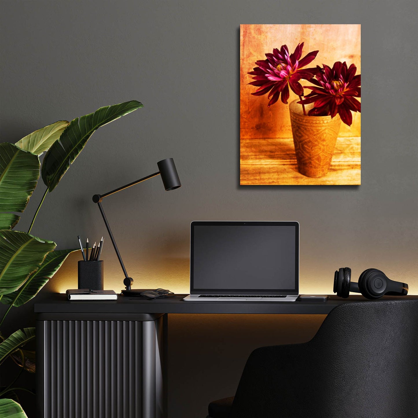 Epic Art 'Red Dahlias in a Copper Vase' by Tom Quartermaine, Acrylic Glass Wall Art,12x16