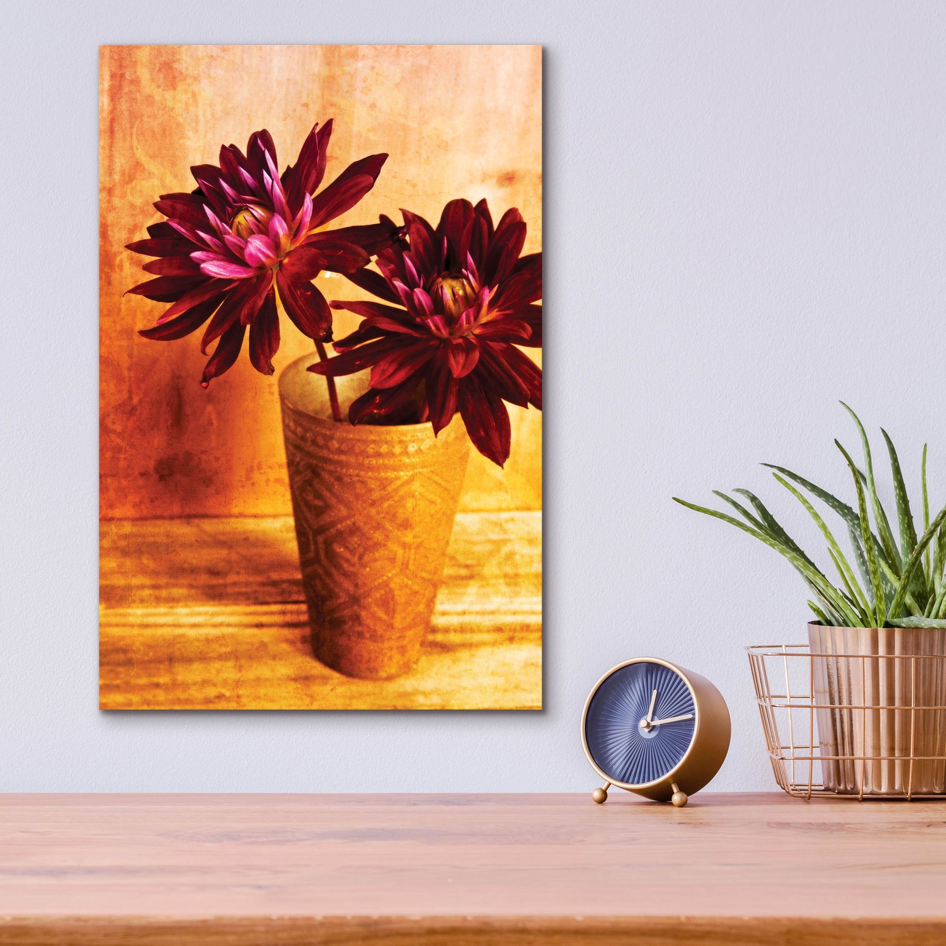 Epic Art 'Red Dahlias in a Copper Vase' by Tom Quartermaine, Acrylic Glass Wall Art,12x16