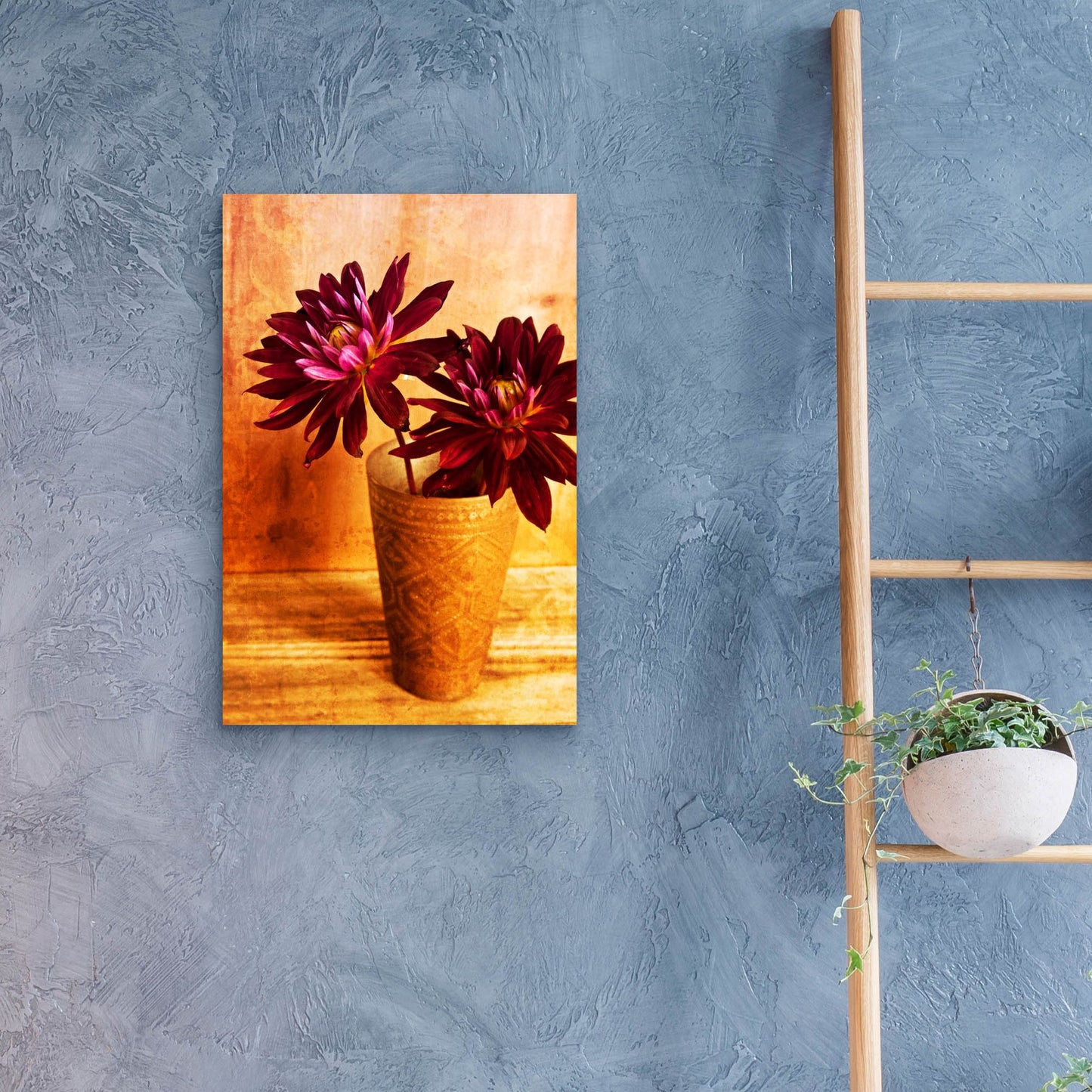 Epic Art 'Red Dahlias in a Copper Vase' by Tom Quartermaine, Acrylic Glass Wall Art,16x24