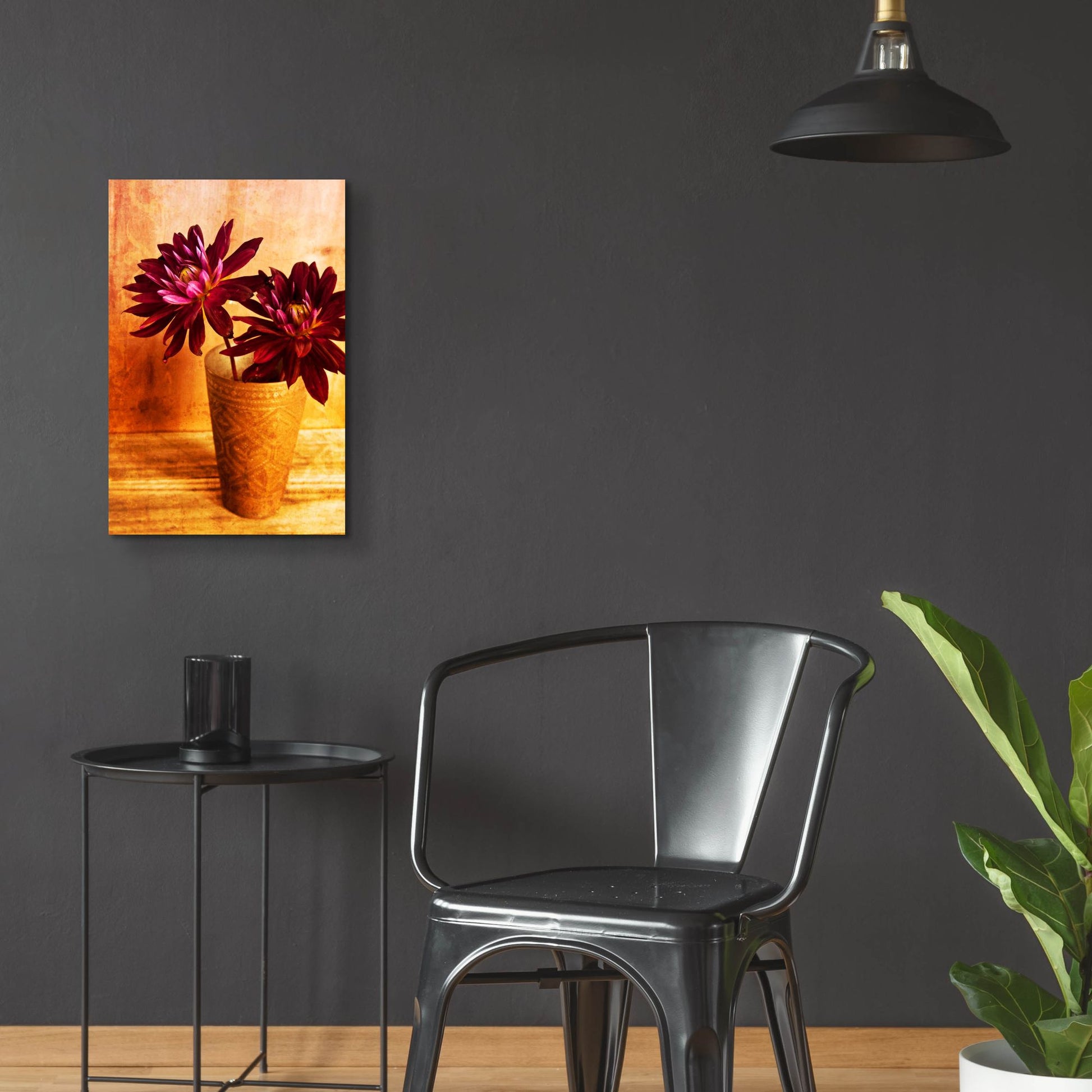 Epic Art 'Red Dahlias in a Copper Vase' by Tom Quartermaine, Acrylic Glass Wall Art,16x24