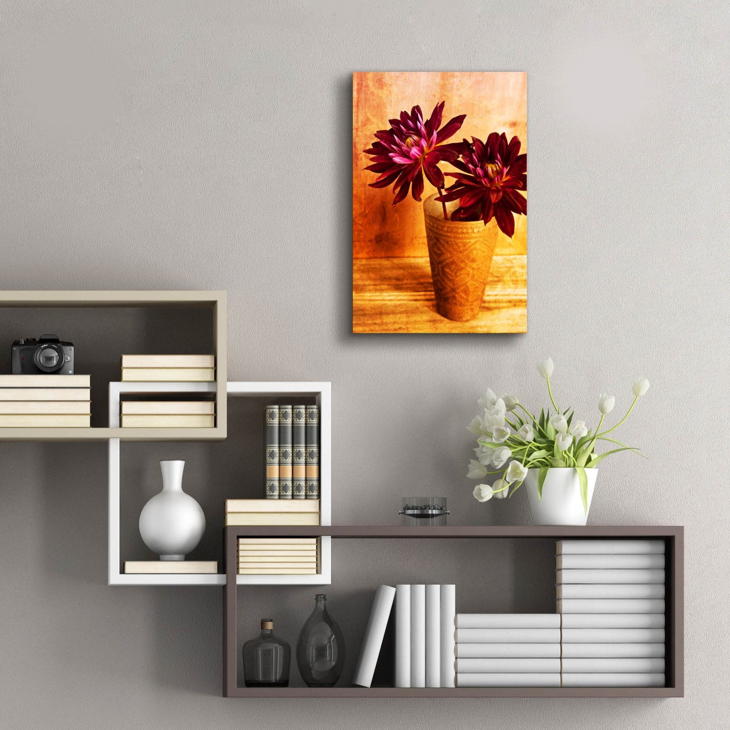 Epic Art 'Red Dahlias in a Copper Vase' by Tom Quartermaine, Acrylic Glass Wall Art,16x24