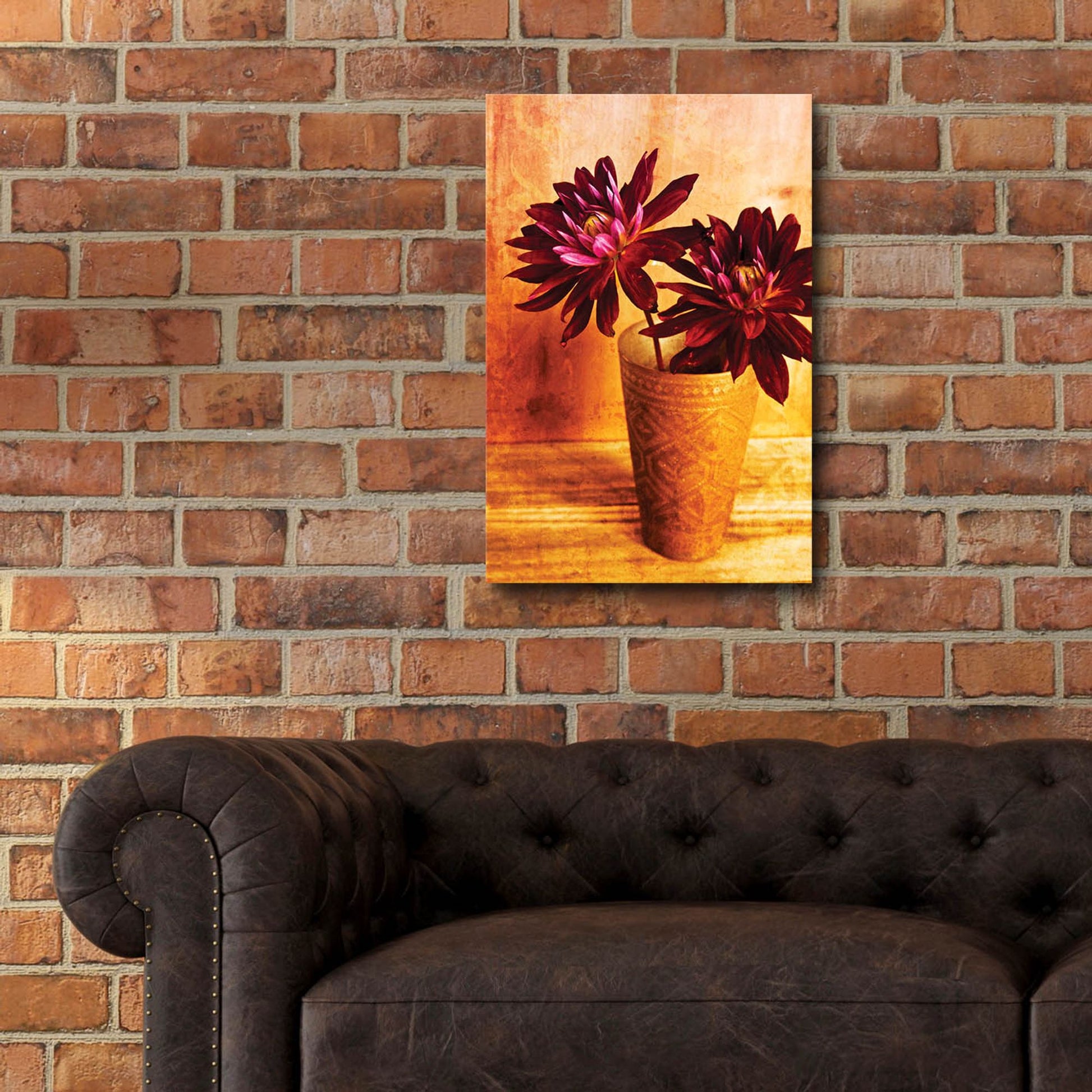 Epic Art 'Red Dahlias in a Copper Vase' by Tom Quartermaine, Acrylic Glass Wall Art,16x24