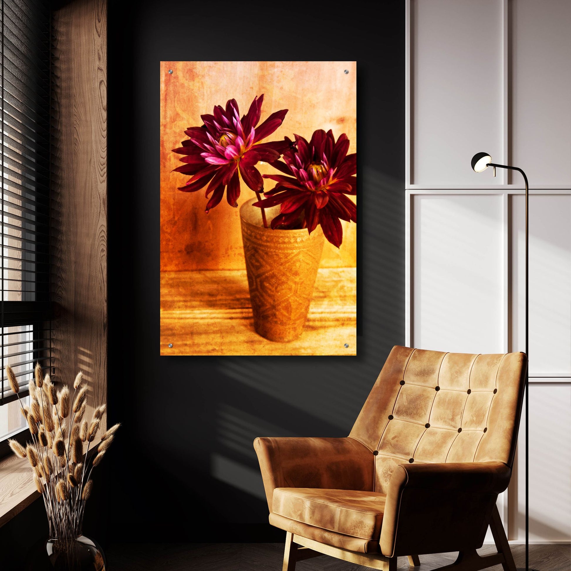 Epic Art 'Red Dahlias in a Copper Vase' by Tom Quartermaine, Acrylic Glass Wall Art,24x36