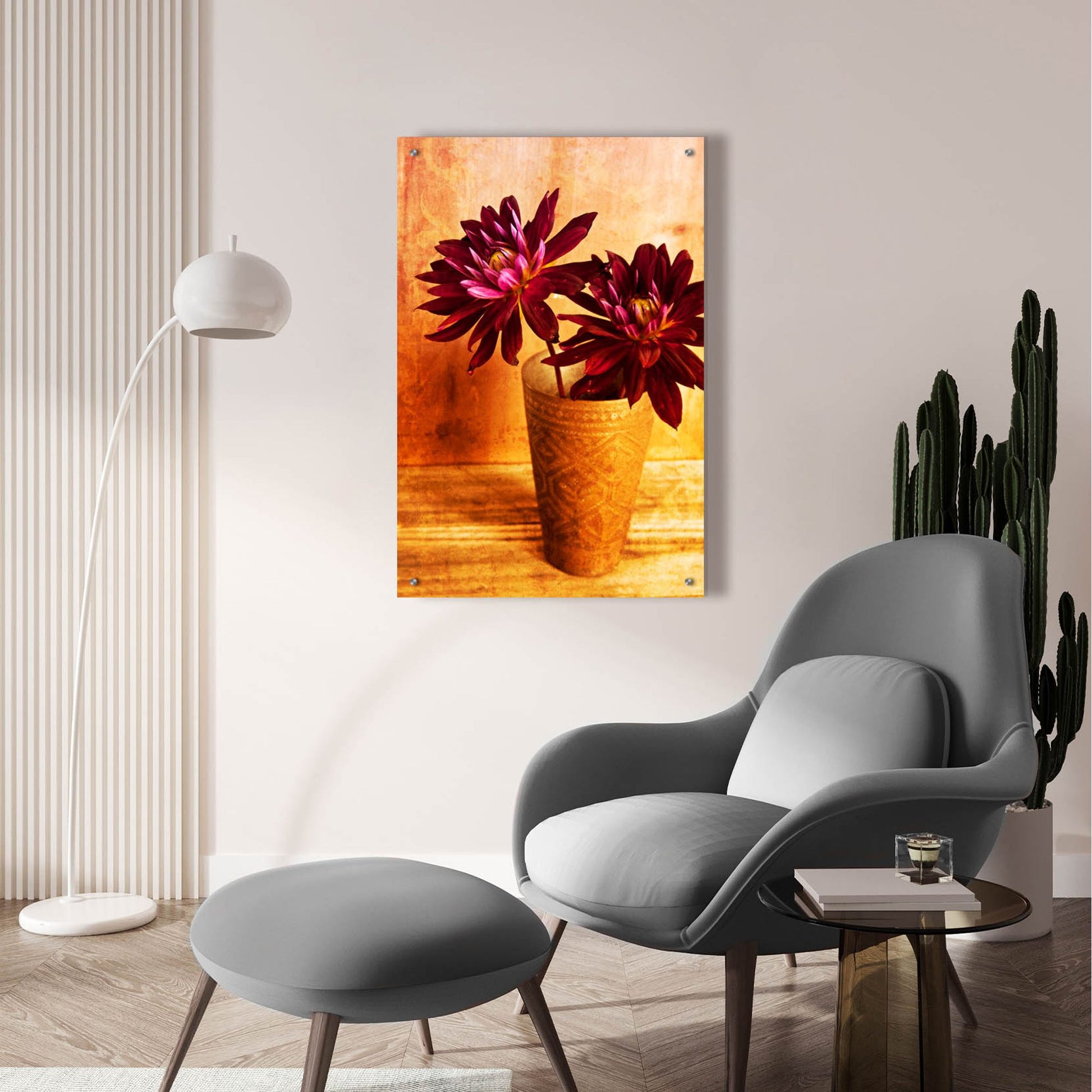 Epic Art 'Red Dahlias in a Copper Vase' by Tom Quartermaine, Acrylic Glass Wall Art,24x36