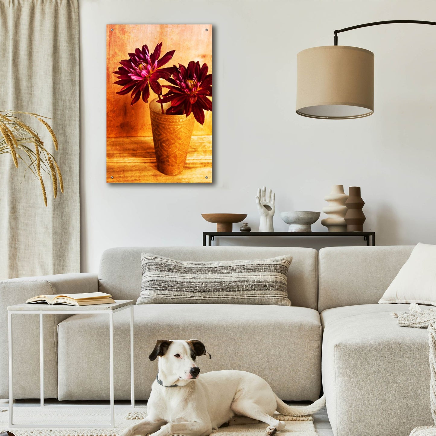 Epic Art 'Red Dahlias in a Copper Vase' by Tom Quartermaine, Acrylic Glass Wall Art,24x36