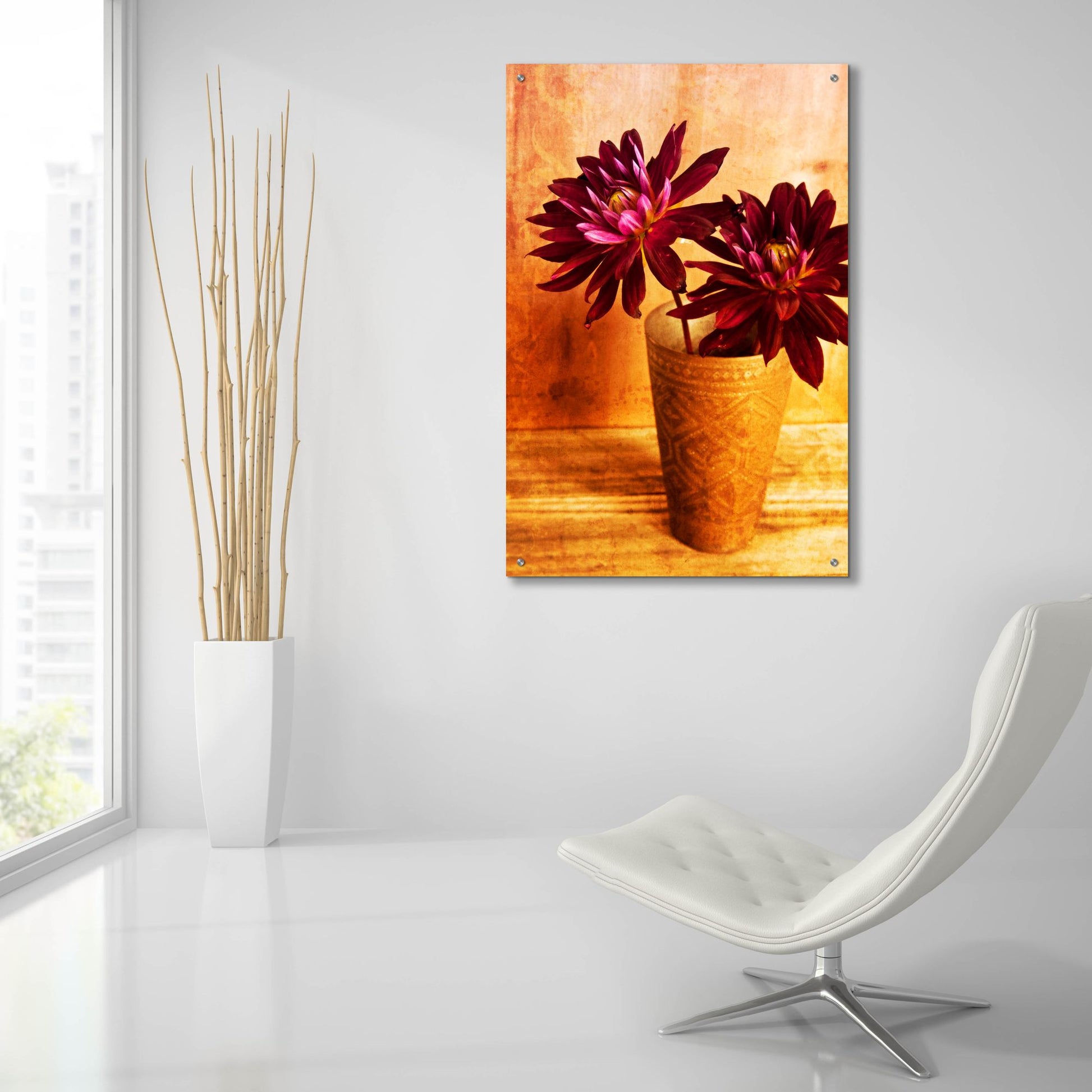 Epic Art 'Red Dahlias in a Copper Vase' by Tom Quartermaine, Acrylic Glass Wall Art,24x36