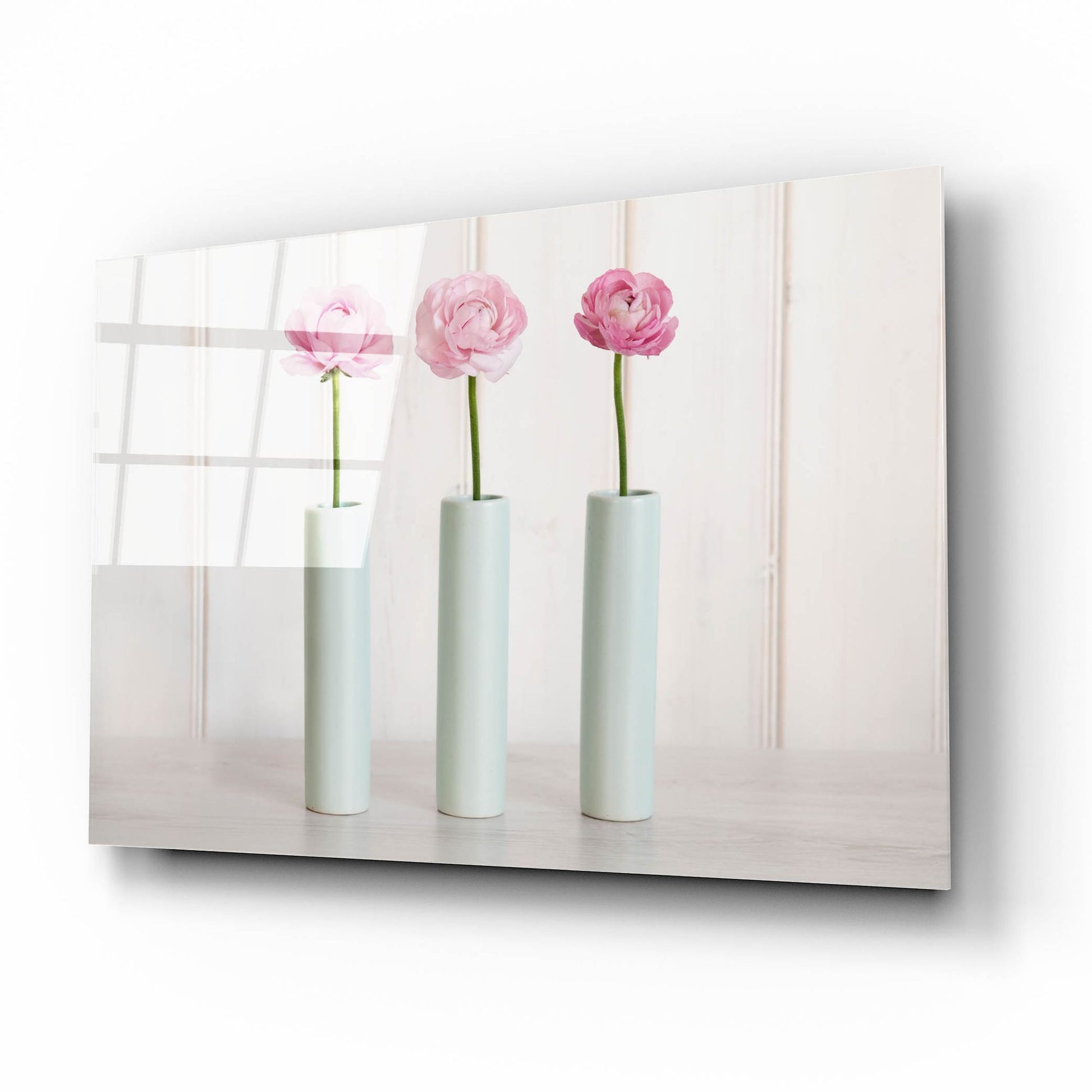 Epic Art 'Row Of 3 Pink Flowers In Blue Vases' by Tom Quartermaine, Acrylic Glass Wall Art,16x12