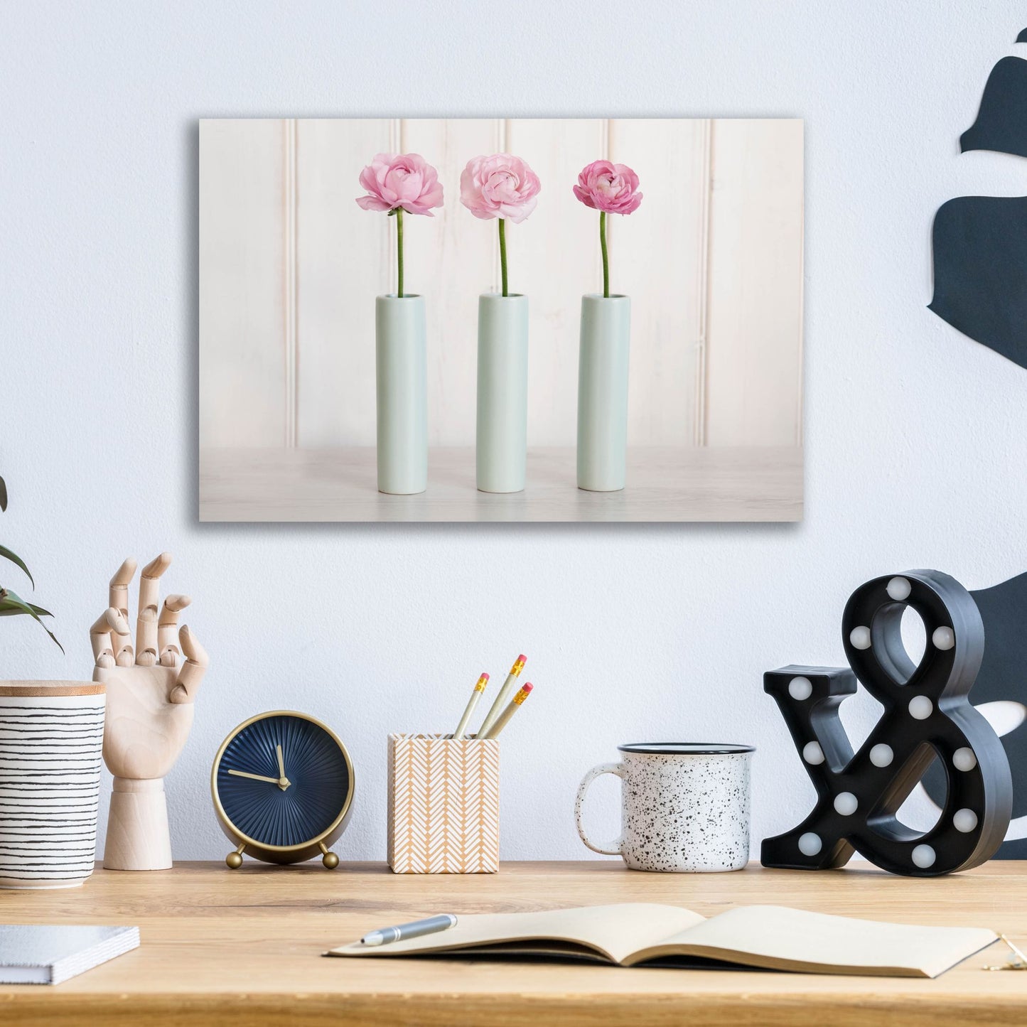 Epic Art 'Row Of 3 Pink Flowers In Blue Vases' by Tom Quartermaine, Acrylic Glass Wall Art,16x12