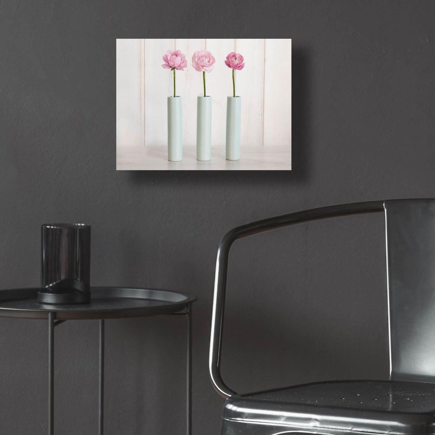 Epic Art 'Row Of 3 Pink Flowers In Blue Vases' by Tom Quartermaine, Acrylic Glass Wall Art,16x12