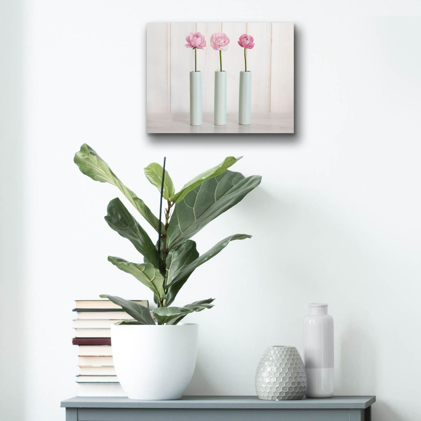 Epic Art 'Row Of 3 Pink Flowers In Blue Vases' by Tom Quartermaine, Acrylic Glass Wall Art,16x12