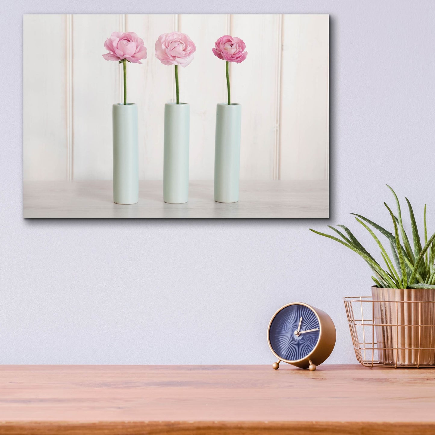 Epic Art 'Row Of 3 Pink Flowers In Blue Vases' by Tom Quartermaine, Acrylic Glass Wall Art,16x12