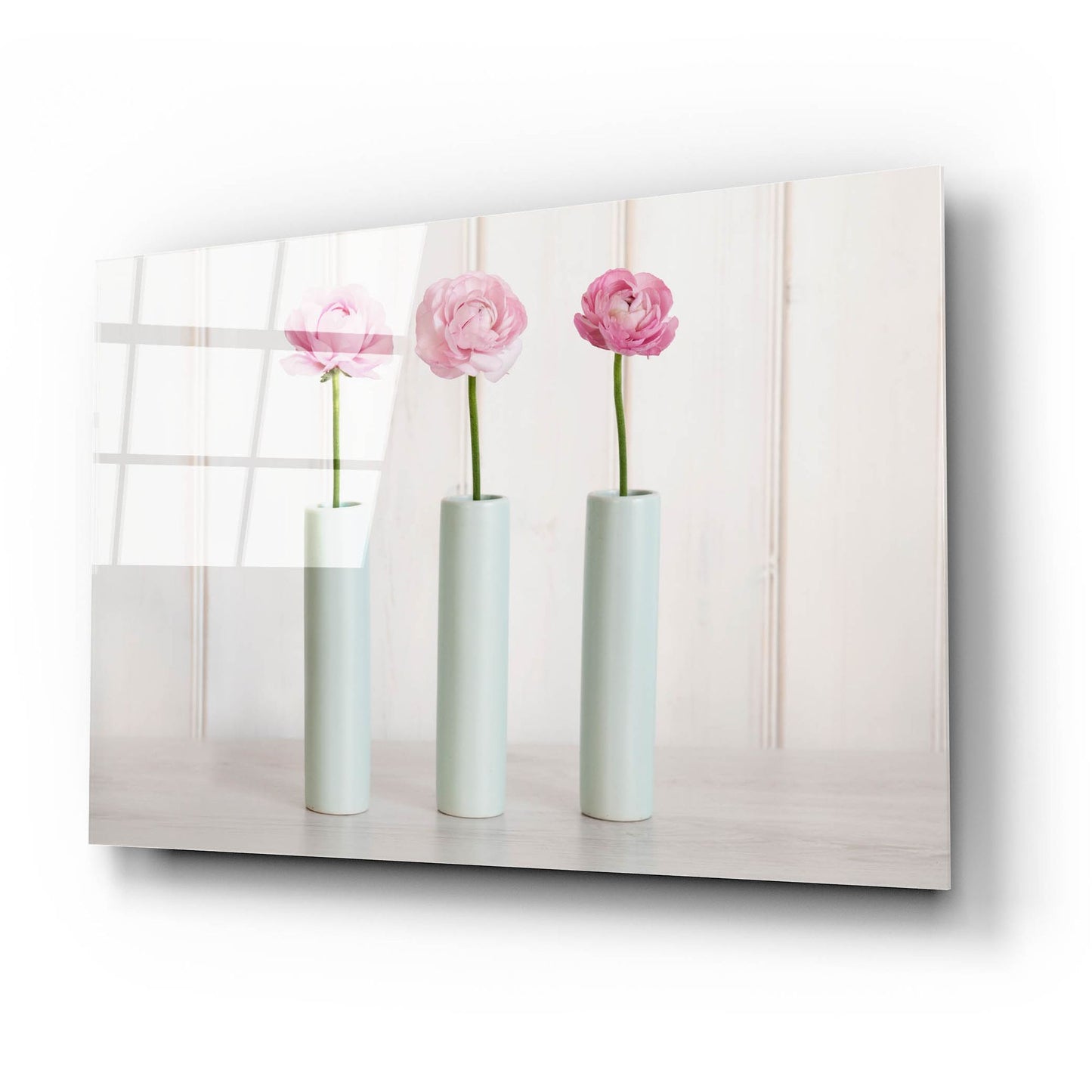 Epic Art 'Row Of 3 Pink Flowers In Blue Vases' by Tom Quartermaine, Acrylic Glass Wall Art,24x16