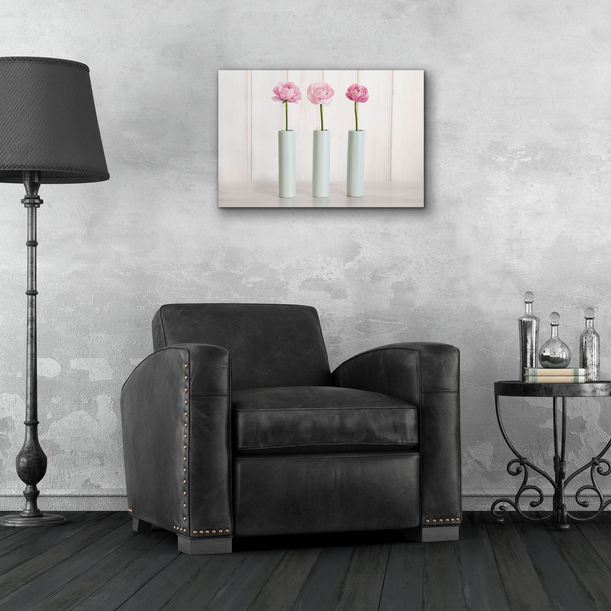 Epic Art 'Row Of 3 Pink Flowers In Blue Vases' by Tom Quartermaine, Acrylic Glass Wall Art,24x16