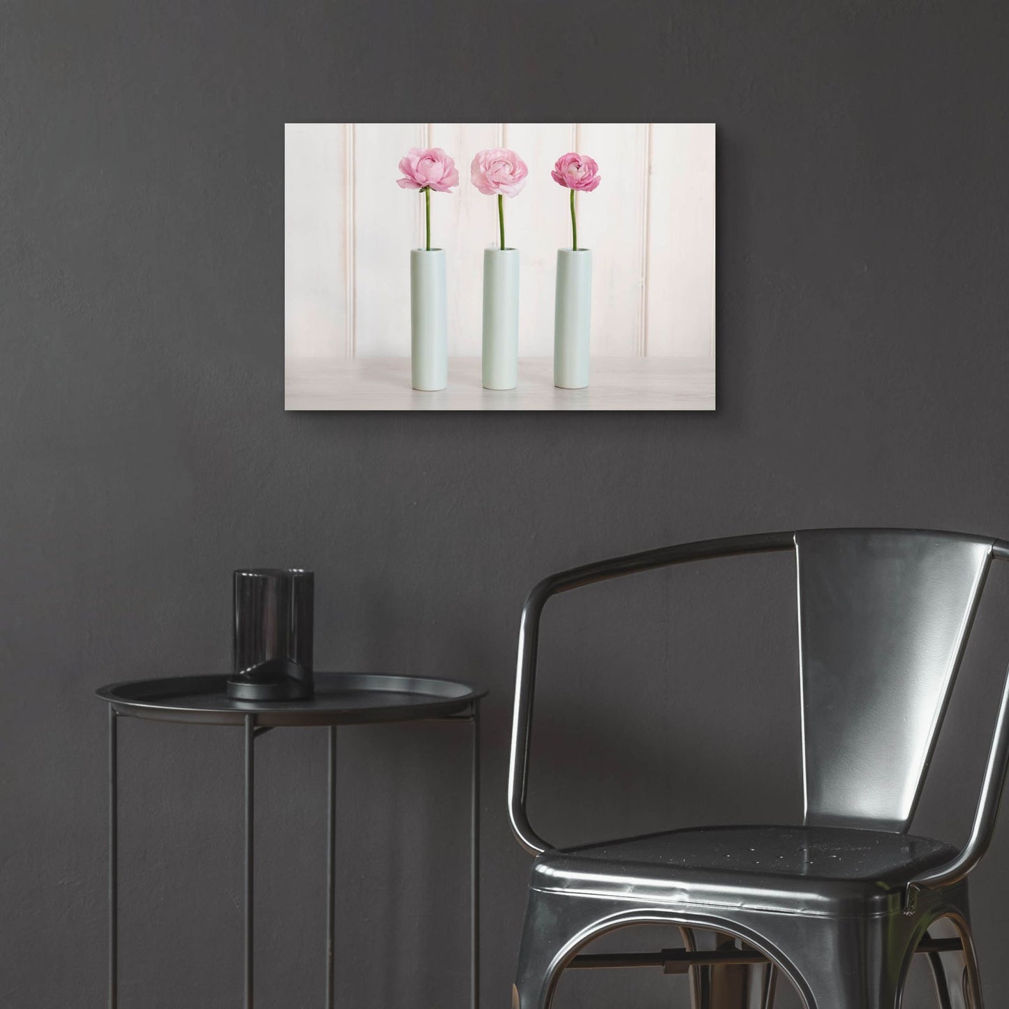 Epic Art 'Row Of 3 Pink Flowers In Blue Vases' by Tom Quartermaine, Acrylic Glass Wall Art,24x16