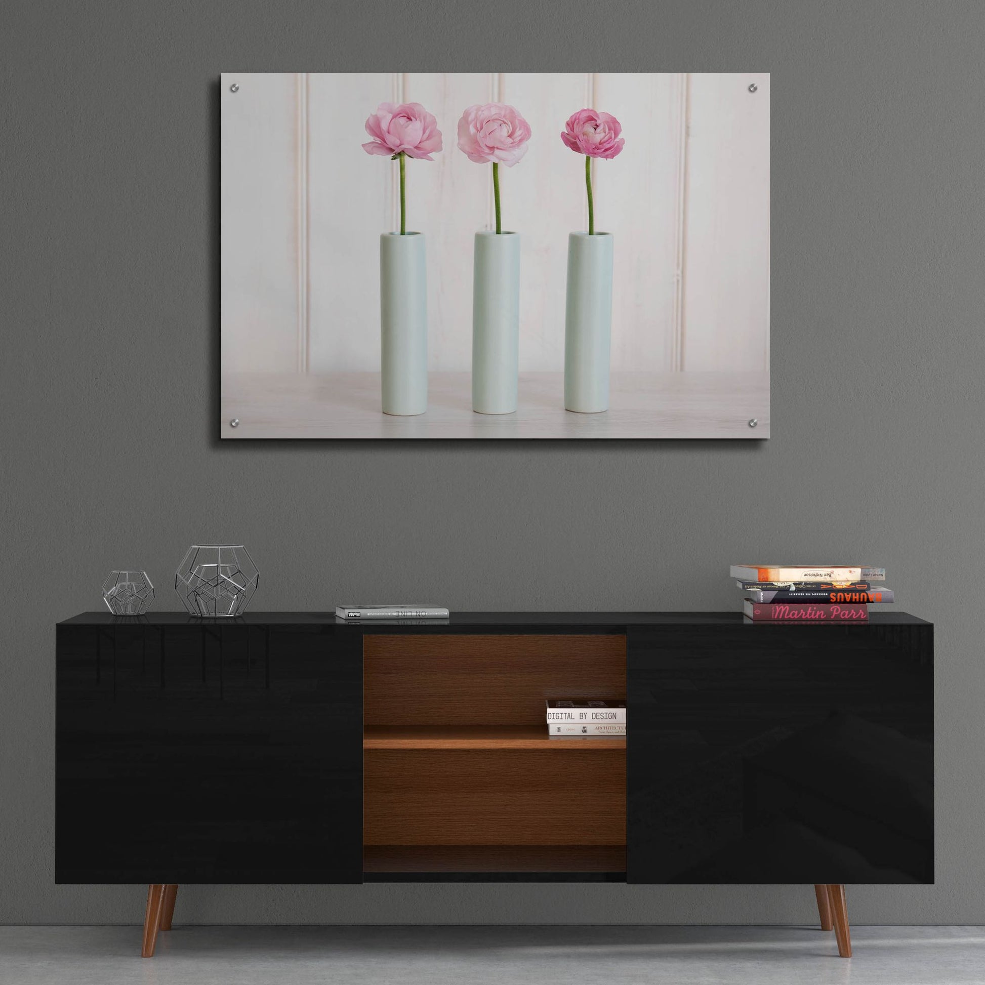 Epic Art 'Row Of 3 Pink Flowers In Blue Vases' by Tom Quartermaine, Acrylic Glass Wall Art,36x24