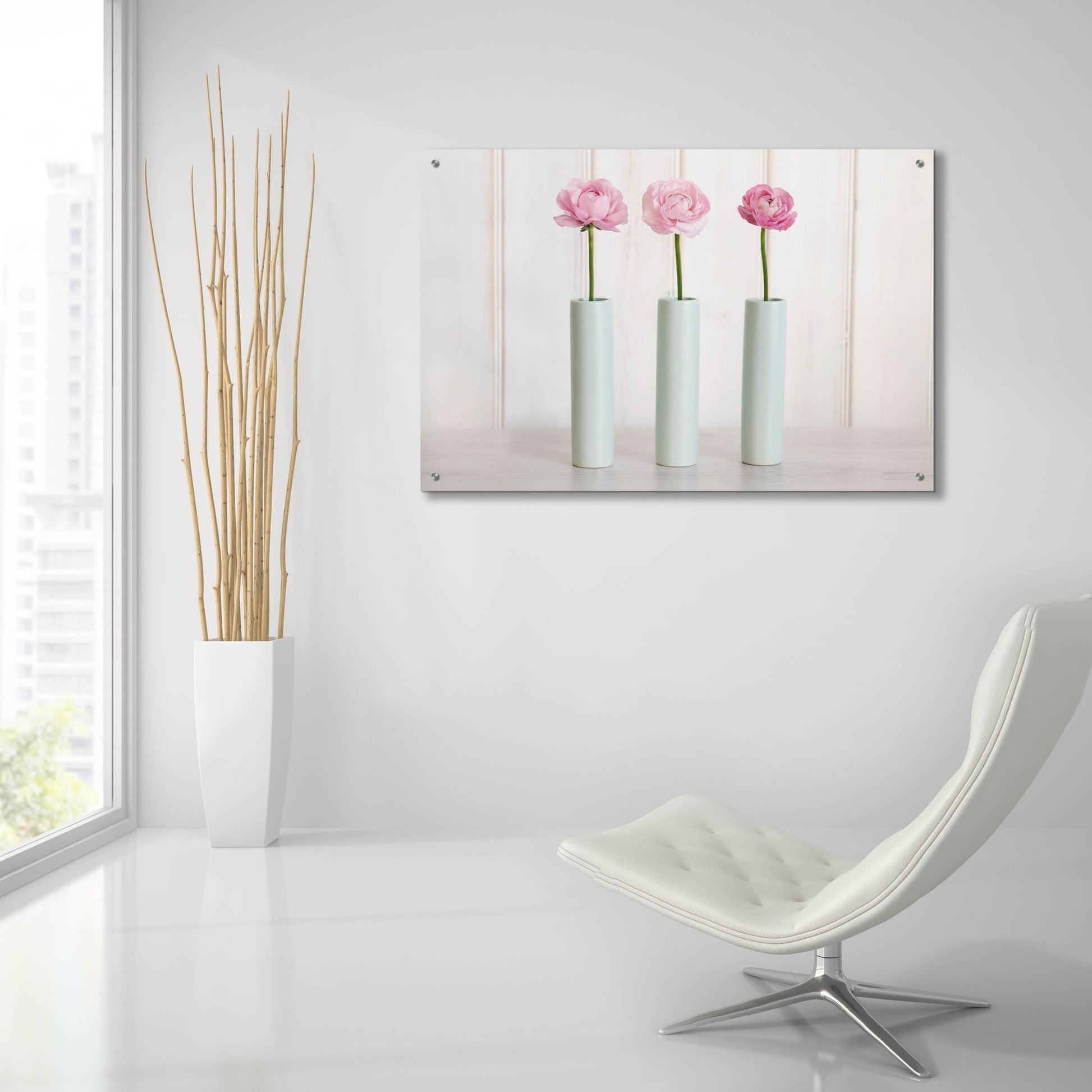 Epic Art 'Row Of 3 Pink Flowers In Blue Vases' by Tom Quartermaine, Acrylic Glass Wall Art,36x24