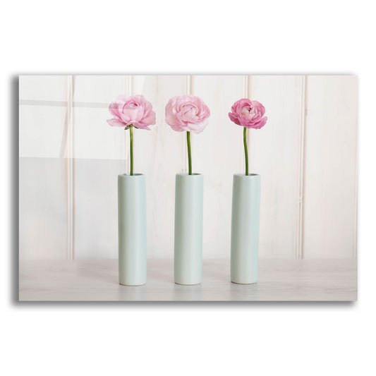 Epic Art 'Row Of 3 Pink Flowers In Blue Vases' by Tom Quartermaine, Acrylic Glass Wall Art