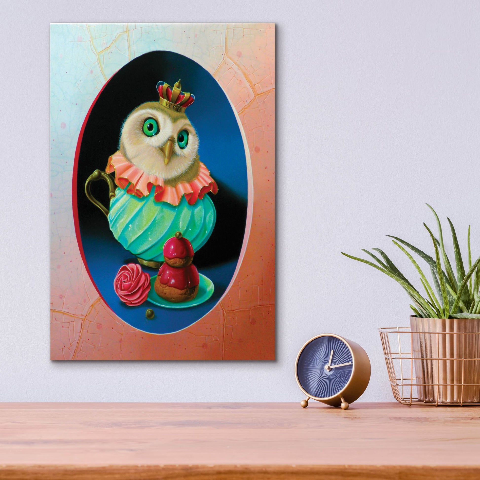 Epic Art 'The Owl With Celadon Mug' by Valery Vecu Quitard, Acrylic Glass Wall Art,12x16