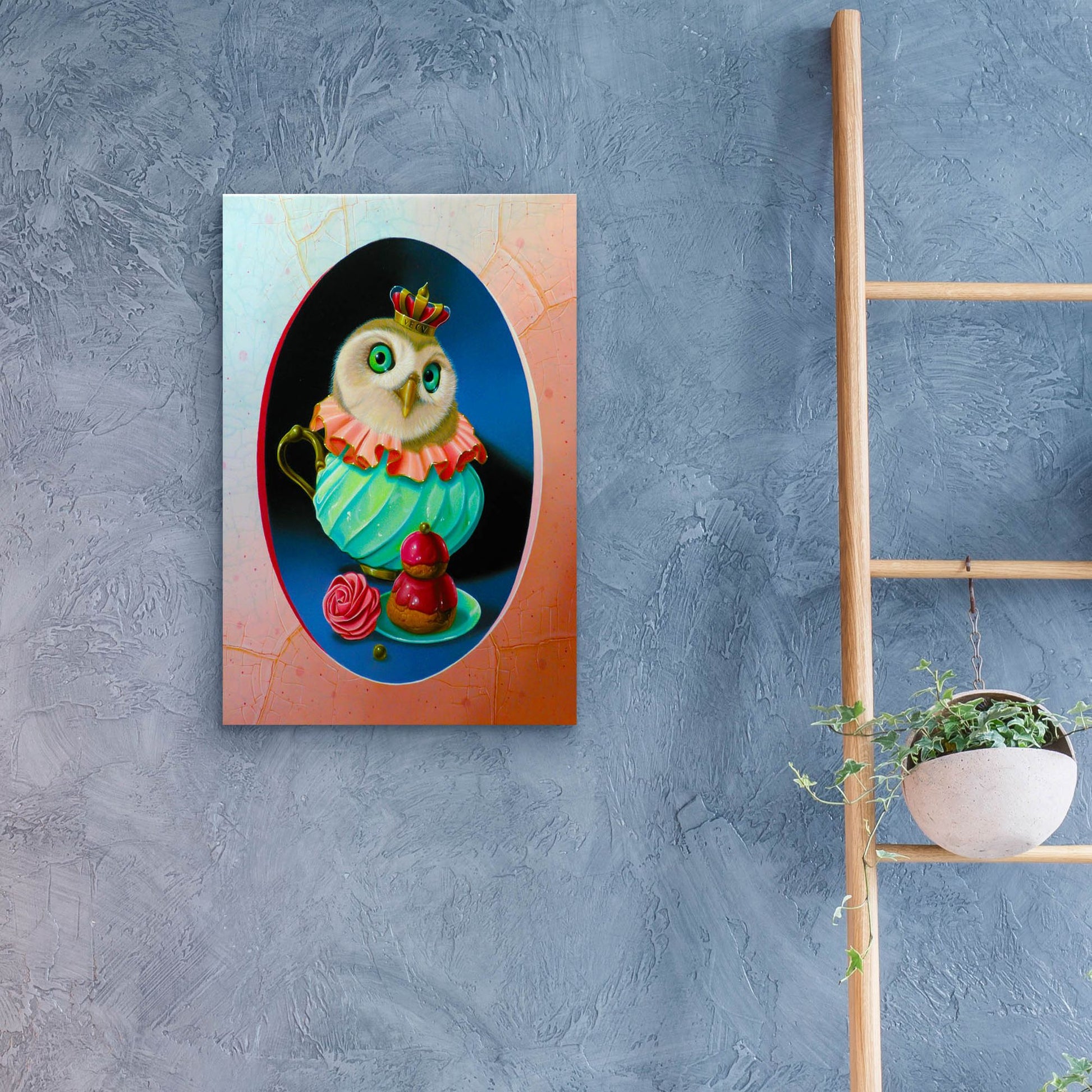 Epic Art 'The Owl With Celadon Mug' by Valery Vecu Quitard, Acrylic Glass Wall Art,16x24