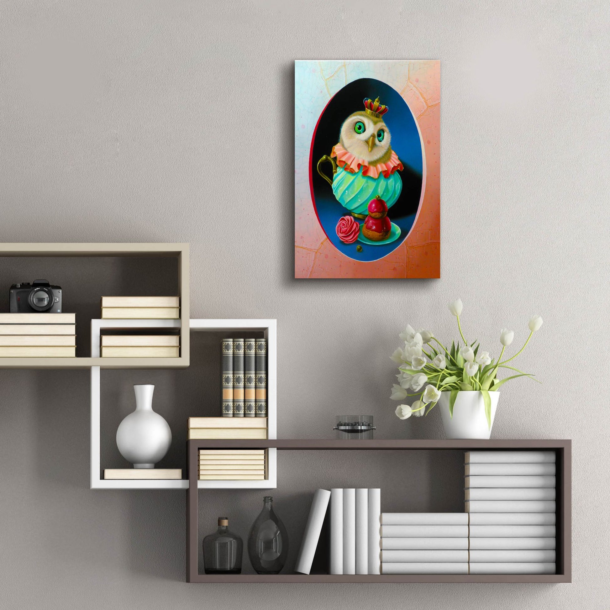 Epic Art 'The Owl With Celadon Mug' by Valery Vecu Quitard, Acrylic Glass Wall Art,16x24