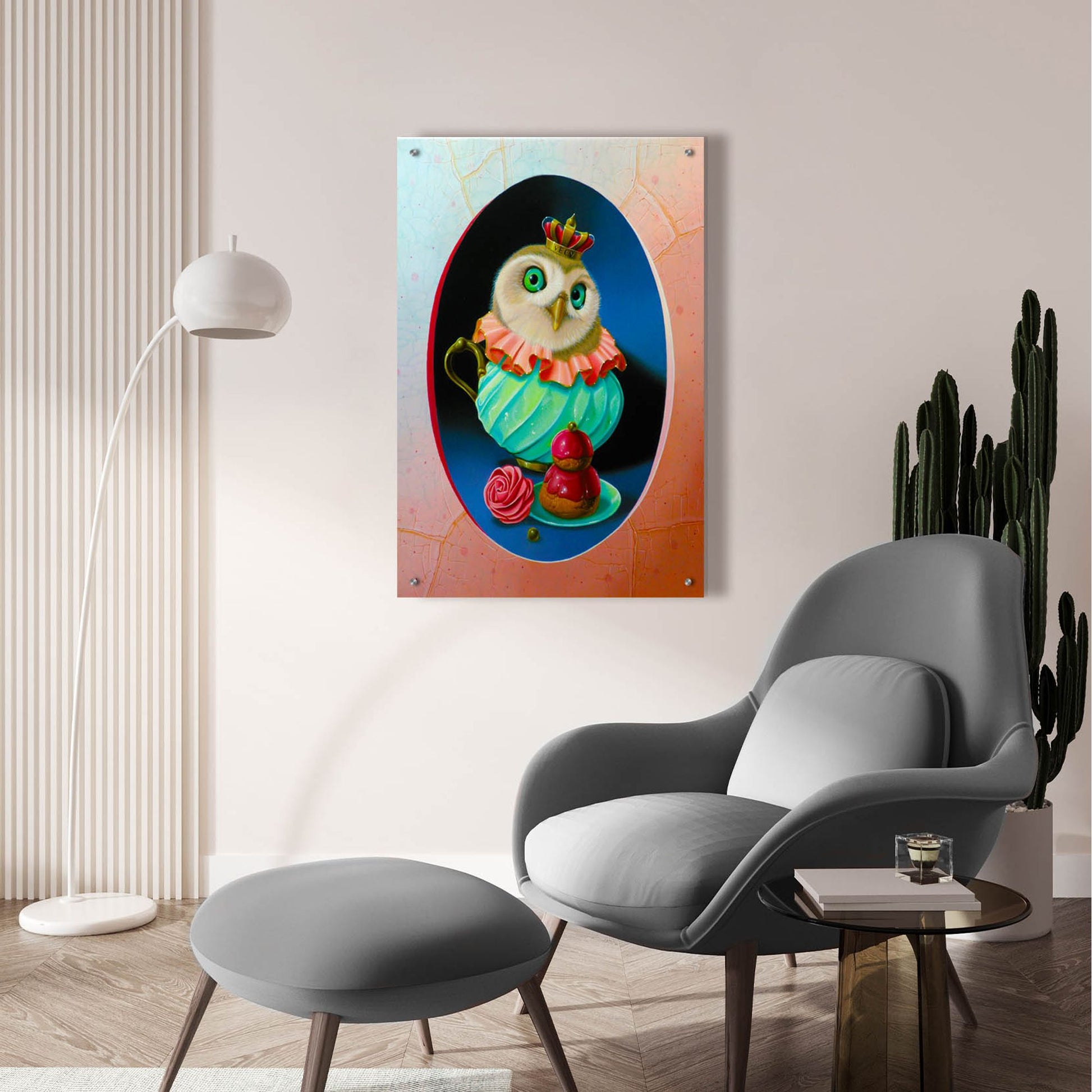 Epic Art 'The Owl With Celadon Mug' by Valery Vecu Quitard, Acrylic Glass Wall Art,24x36