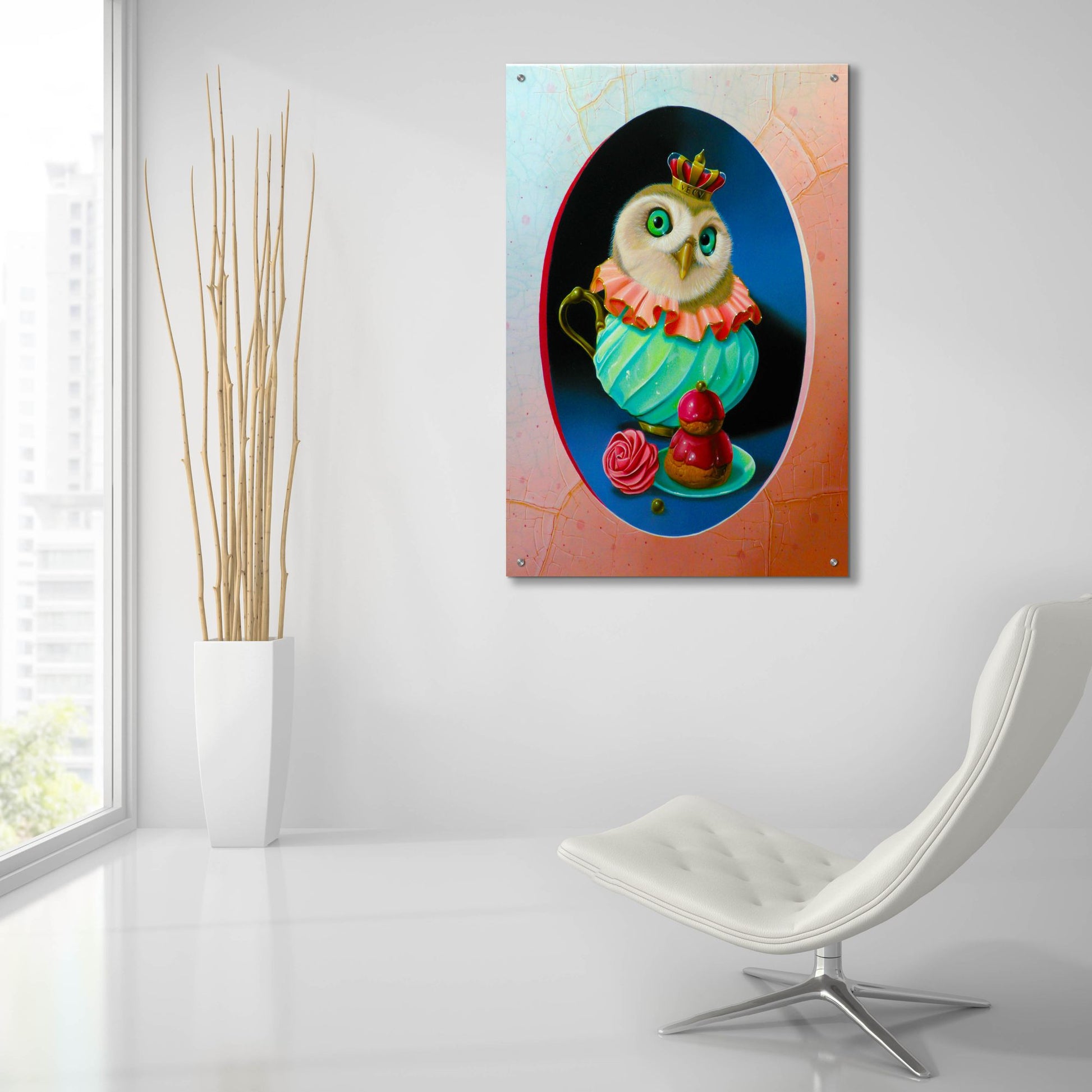 Epic Art 'The Owl With Celadon Mug' by Valery Vecu Quitard, Acrylic Glass Wall Art,24x36