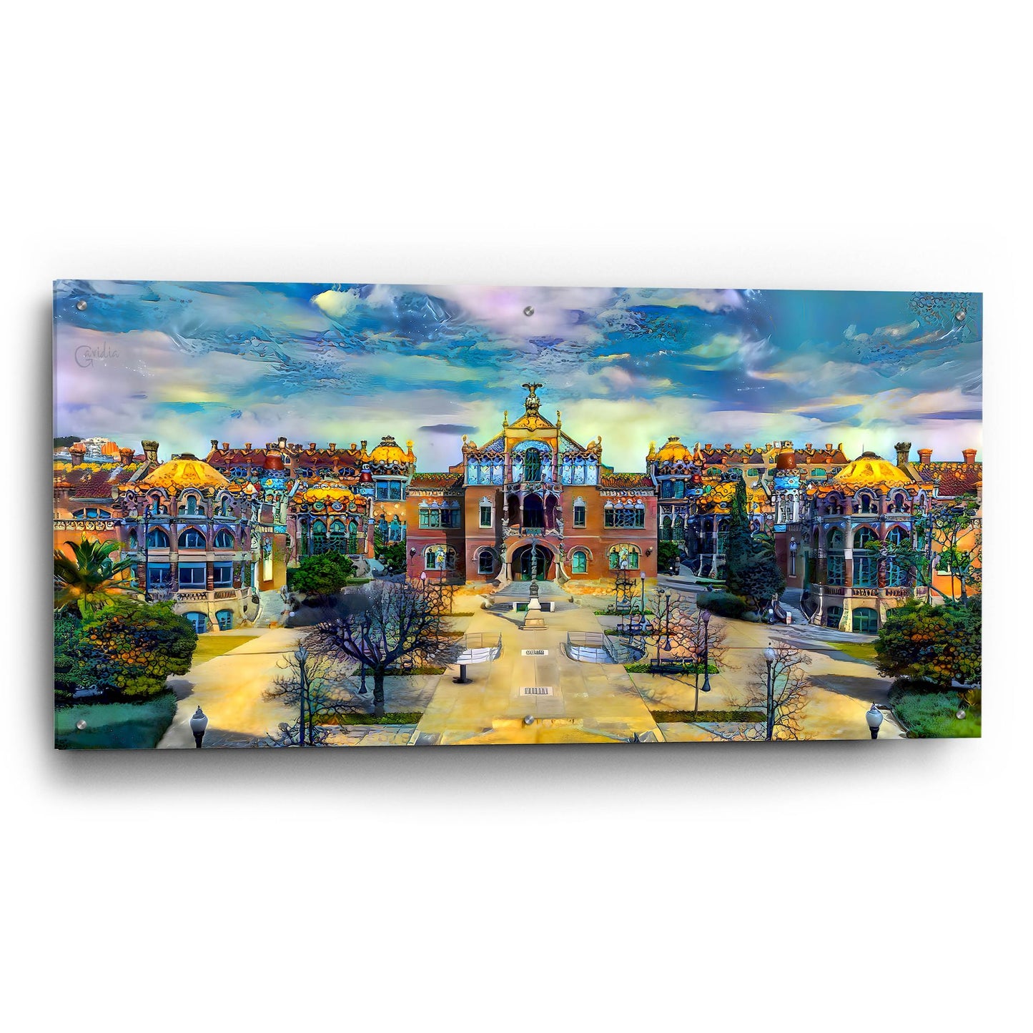 Epic Art 'Barcelona Spain Sant Pau Hospital And Palau De La Musica Center' by Pedro Gavidia, Acrylic Glass Wall Art,48x24