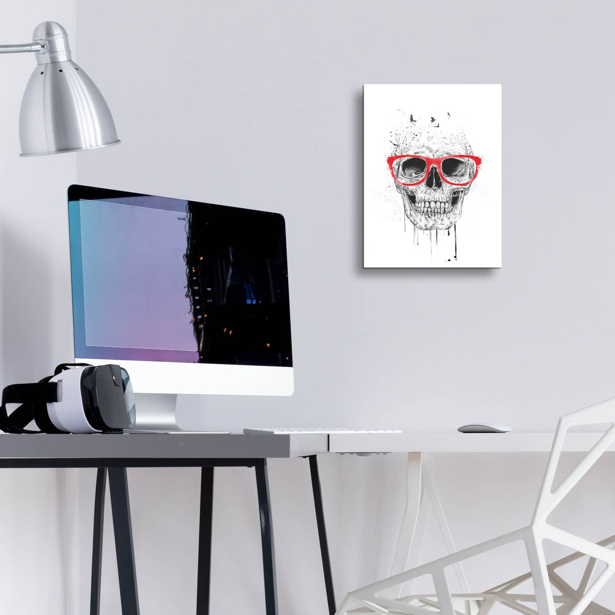 Skull With Red Glasses by Balazs Solti - 12x16 acrylic wall art in a room