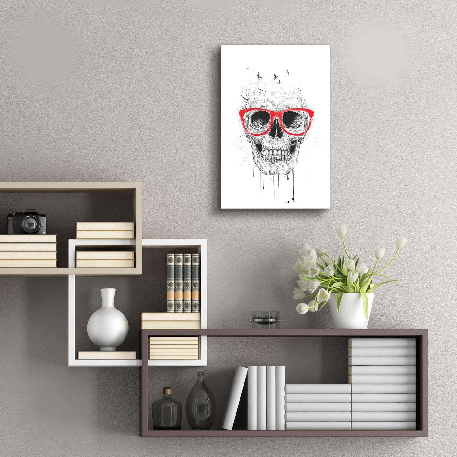 Epic Art ' Skull With Red Glasses' by Balazs Solti, Acrylic Glass Wall Art,16x24