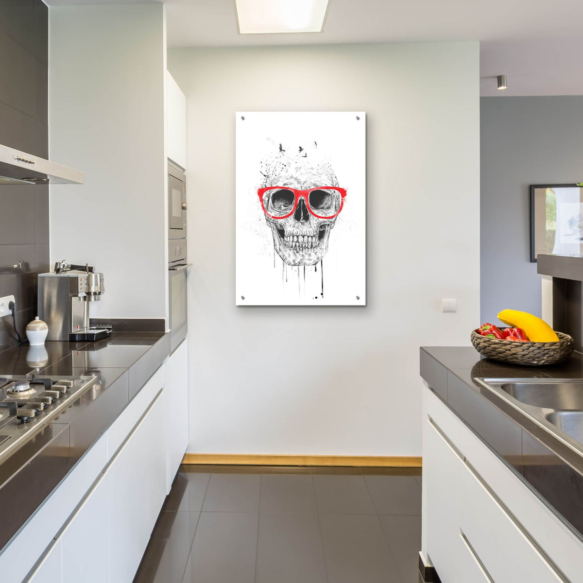 Skull With Red Glasses by Balazs Solti - 24x36 acrylic wall art in a room