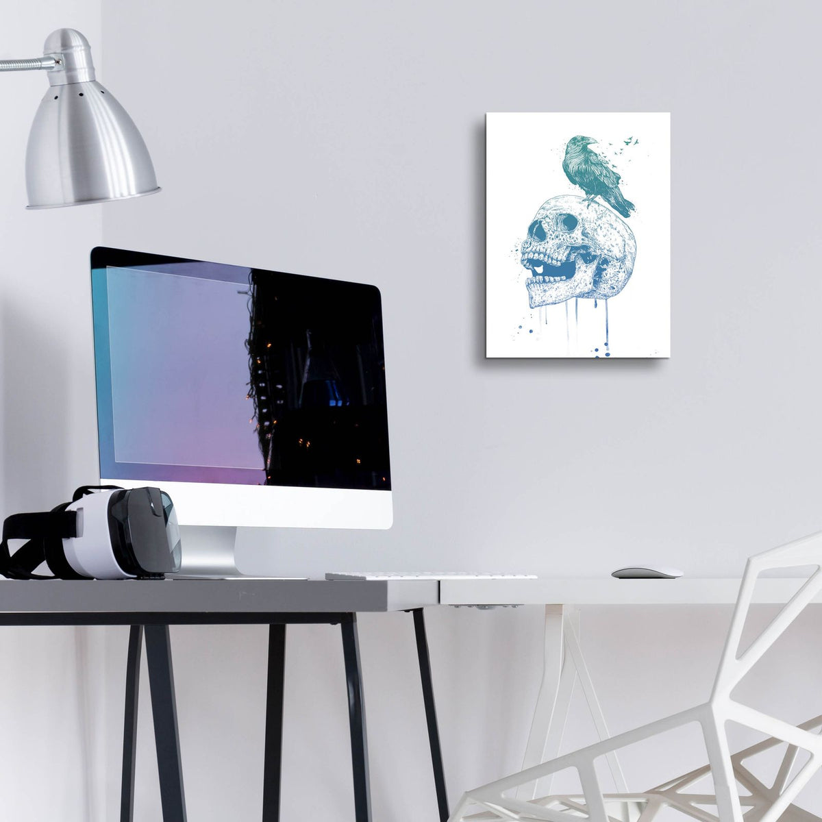 New Skull, Blue by Balazs Solti - 12x16 acrylic wall art in a room