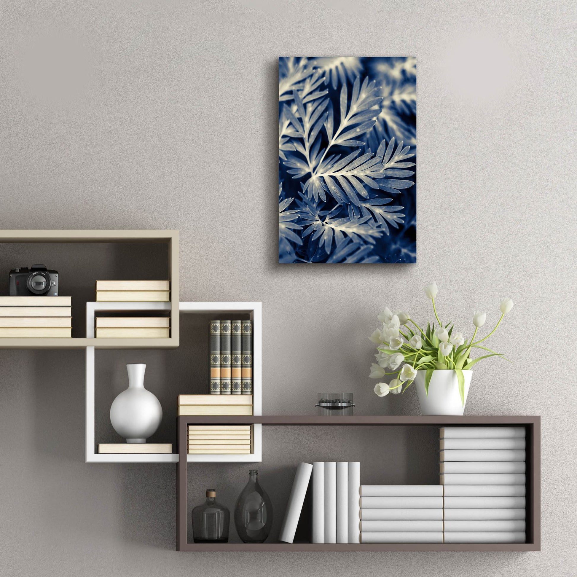 Epic Art ' Navy Blue Leaves' by Brooke T. Ryan, Acrylic Glass Wall Art,16x24