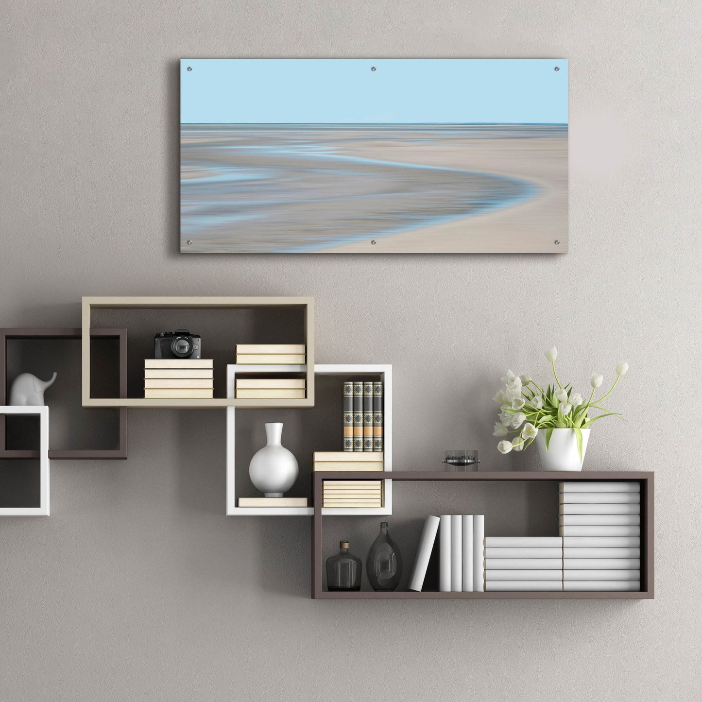 Epic Art ' Blue and Beige Beach 2' by Brooke T. Ryan, Acrylic Glass Wall Art,48x24