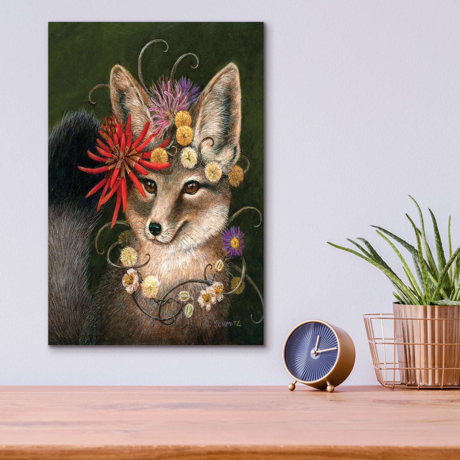 Epic Art ' Kit Fox in Coral' by Carolyn Schmitz, Acrylic Glass Wall Art,12x16