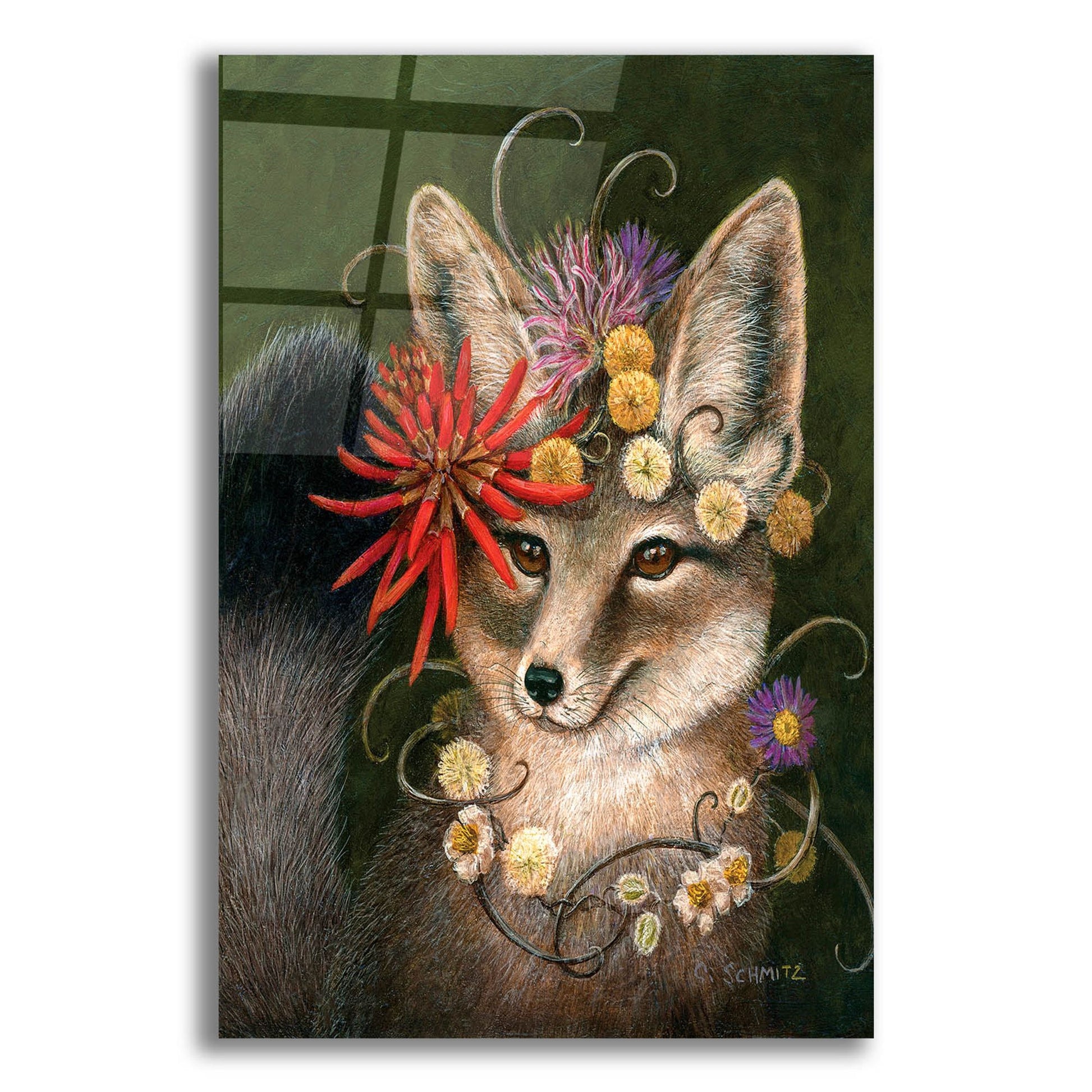 Epic Art ' Kit Fox in Coral' by Carolyn Schmitz, Acrylic Glass Wall Art,12x16