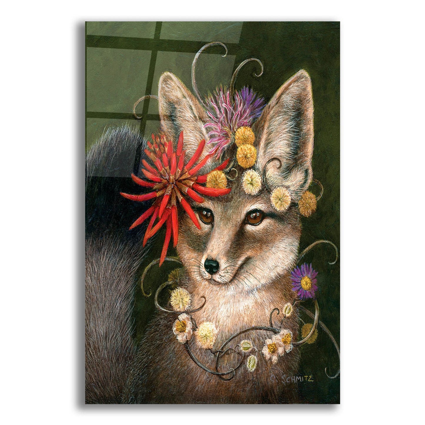 Epic Art ' Kit Fox in Coral' by Carolyn Schmitz, Acrylic Glass Wall Art,16x24